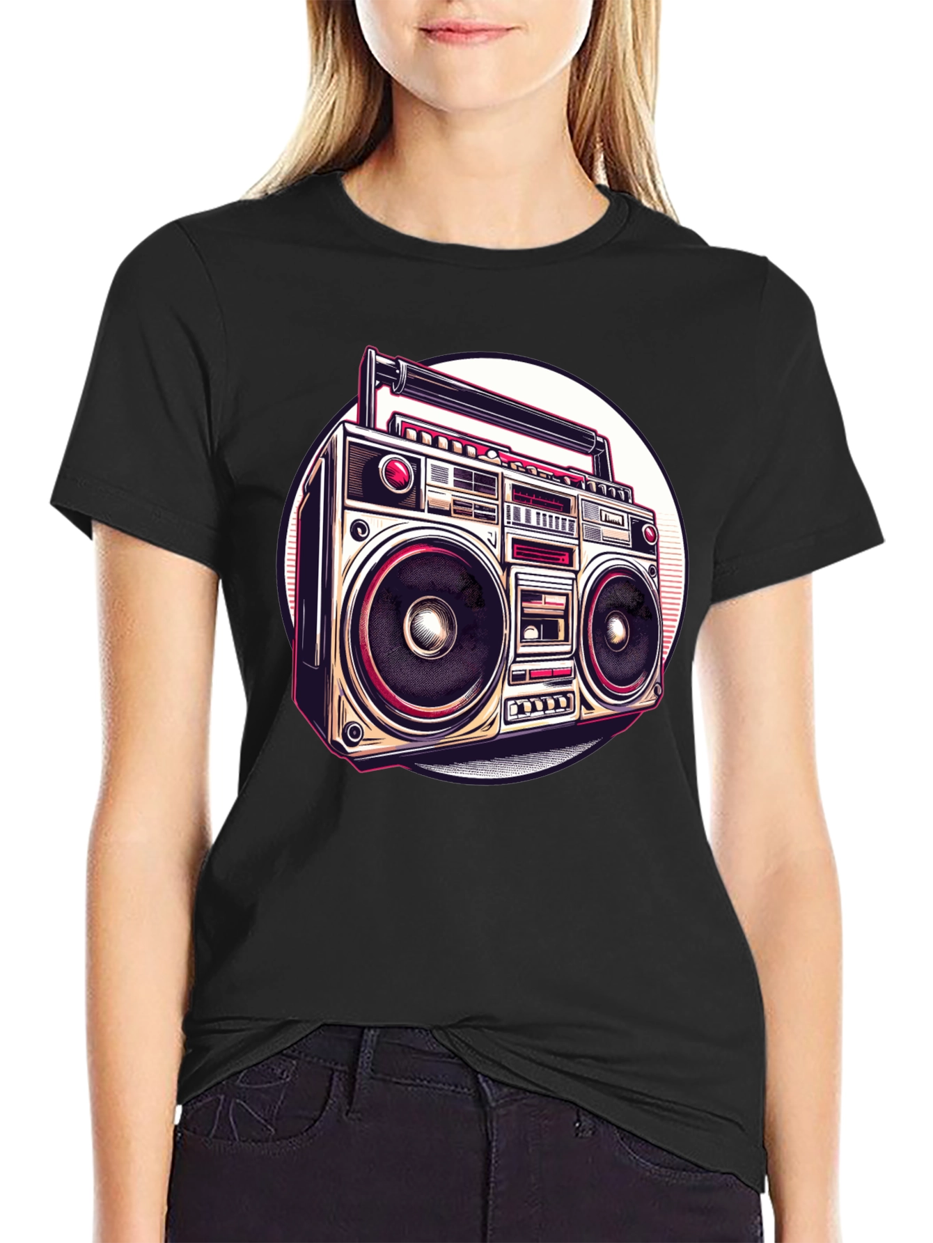 Retro Boombox Graphic Tee - Vintage Style Black T-Shirt