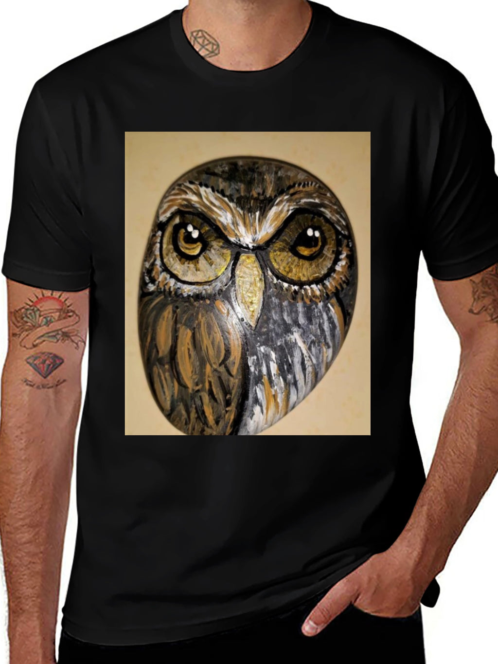 Owl Face Print Black T-Shirt