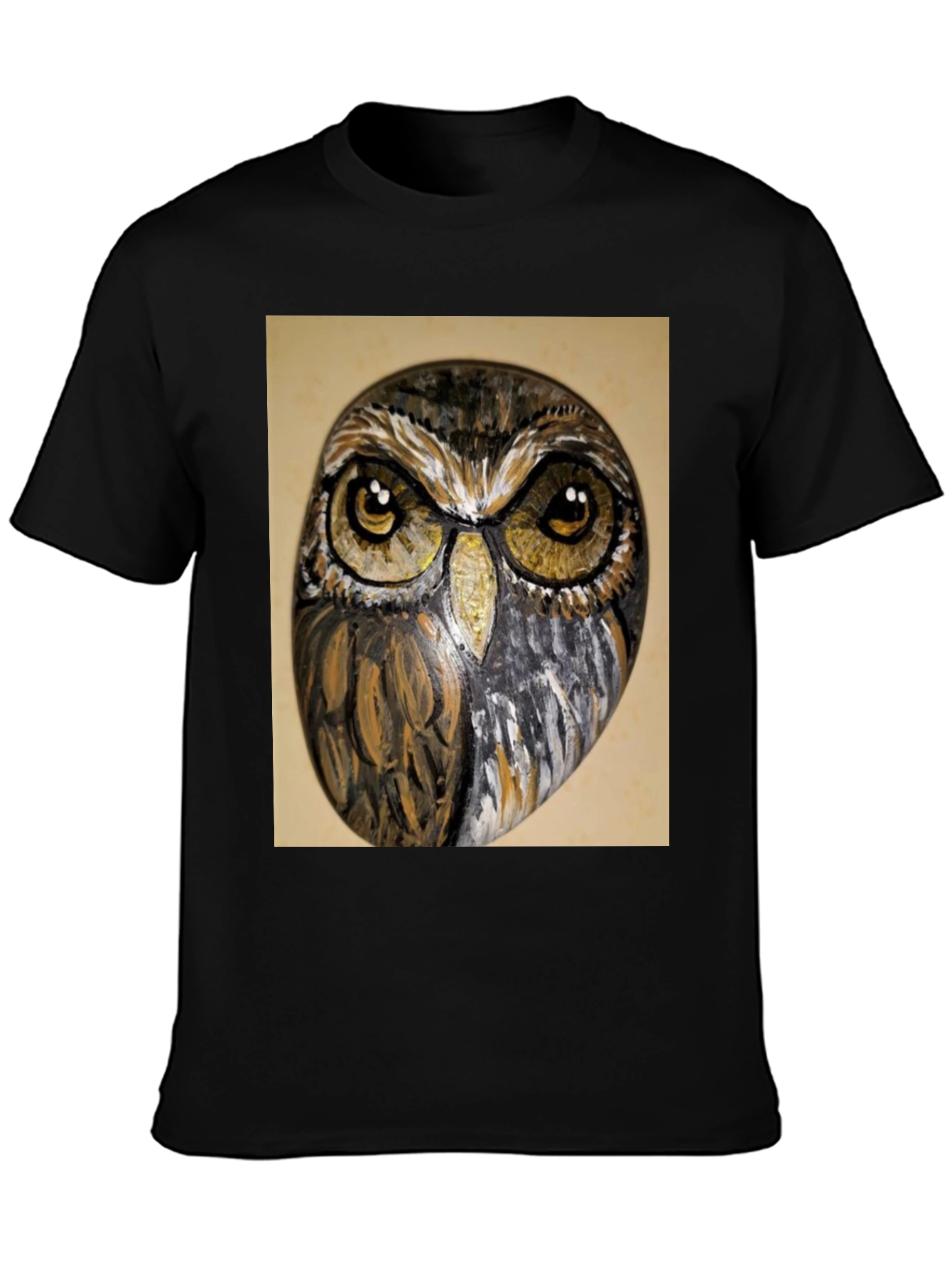 Owl Face Print Black T-Shirt
