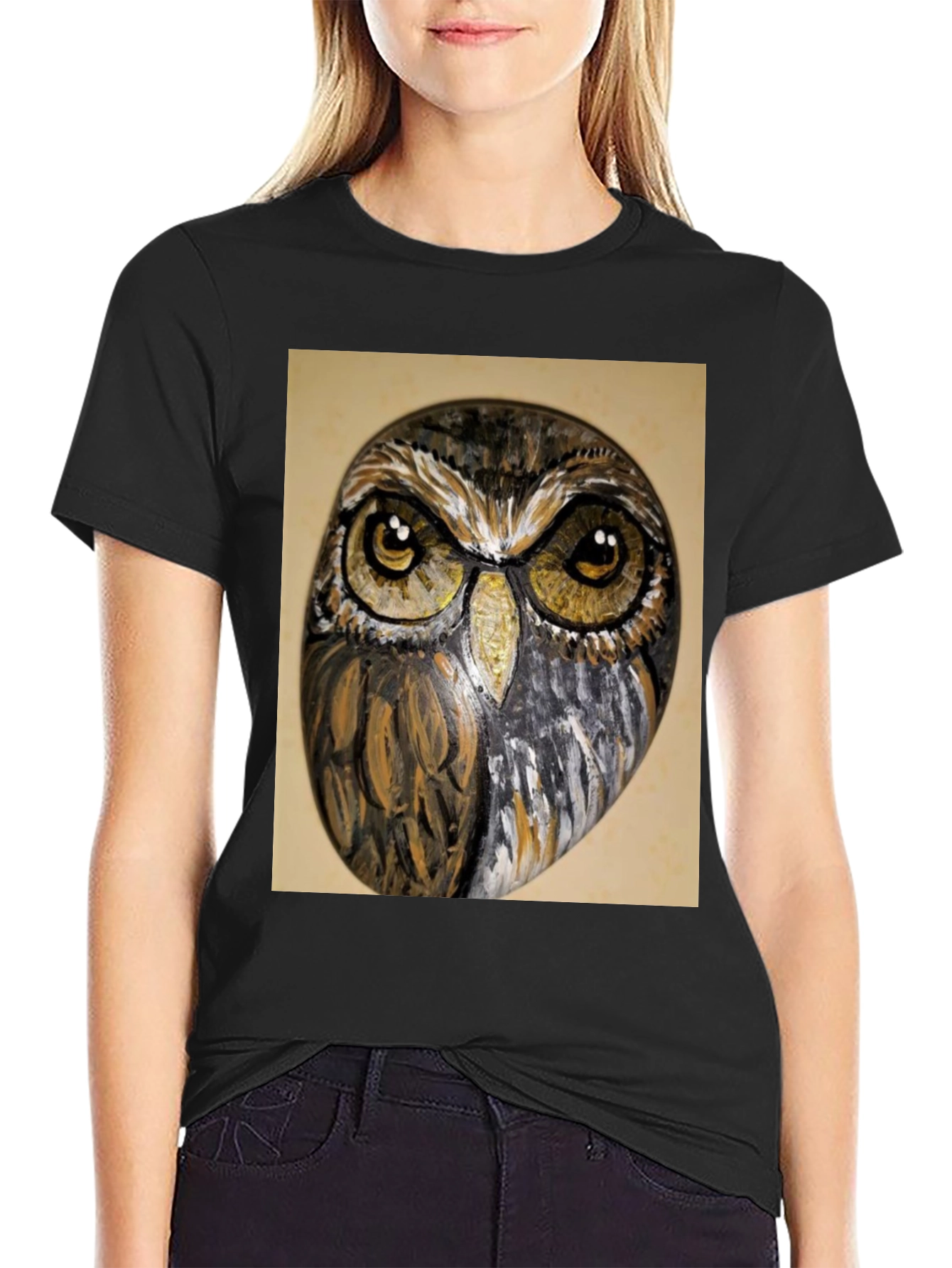 Owl Face Print Black T-Shirt