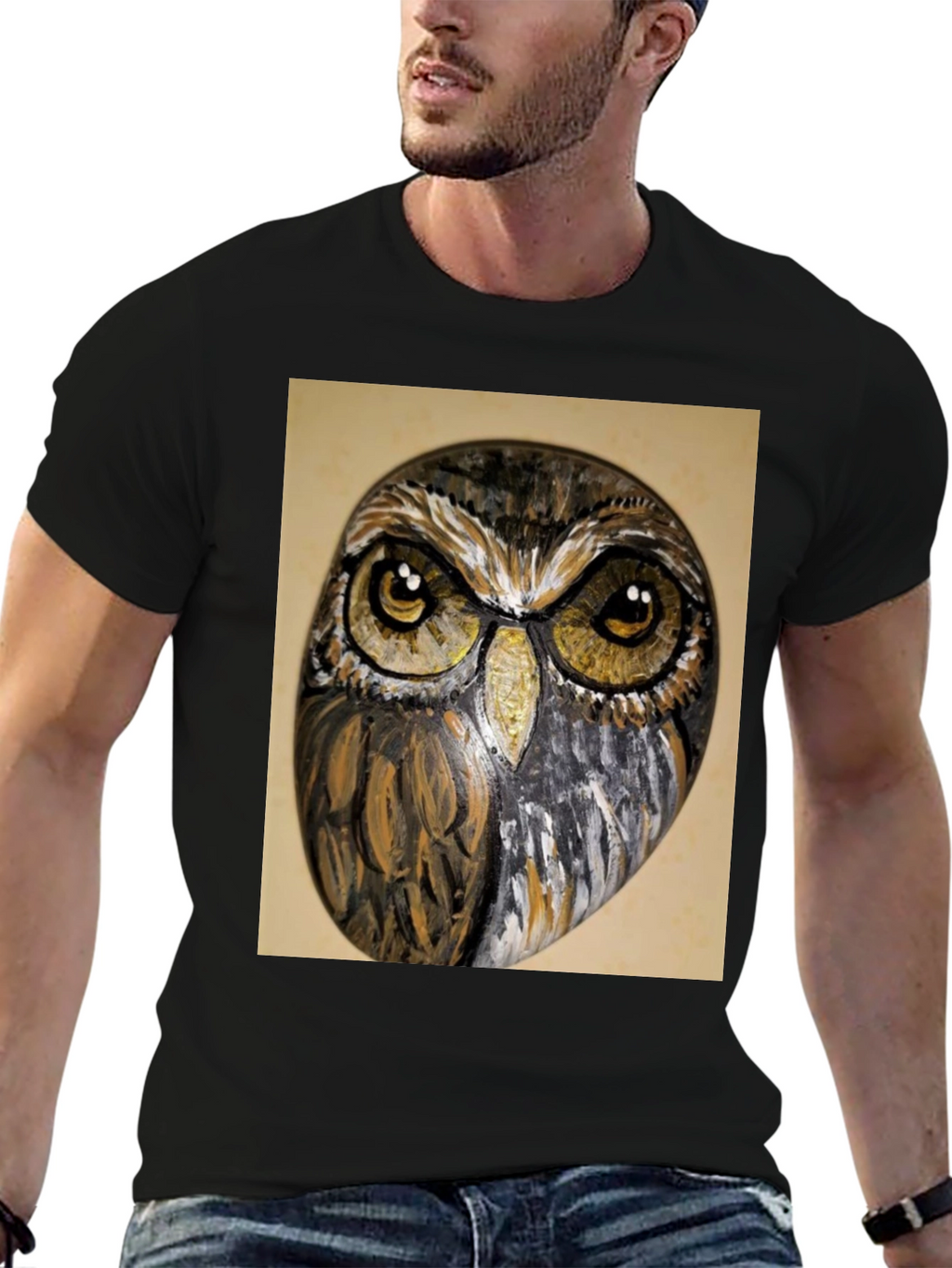 Owl Face Print Black T-Shirt