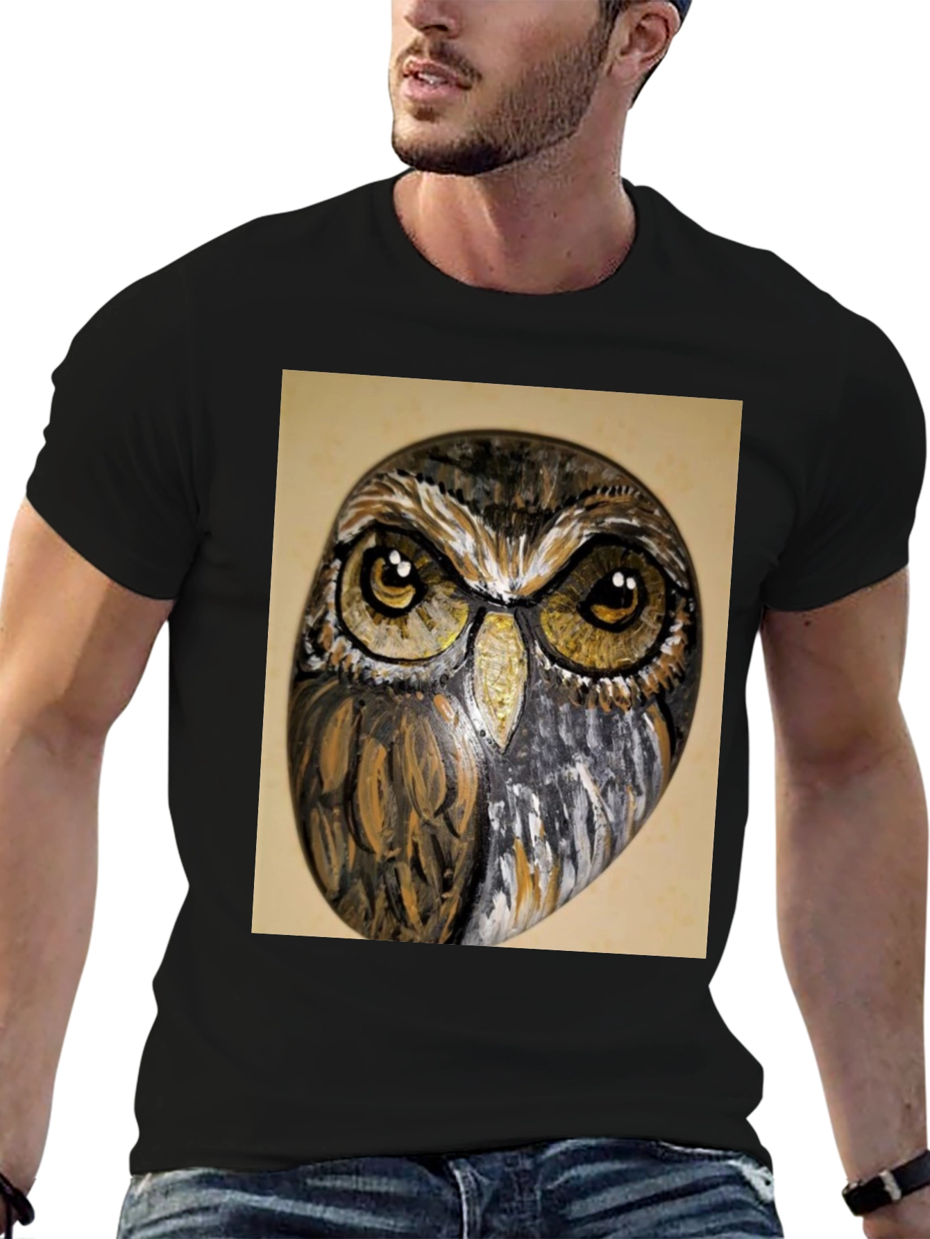 Owl Face Print Black T-Shirt