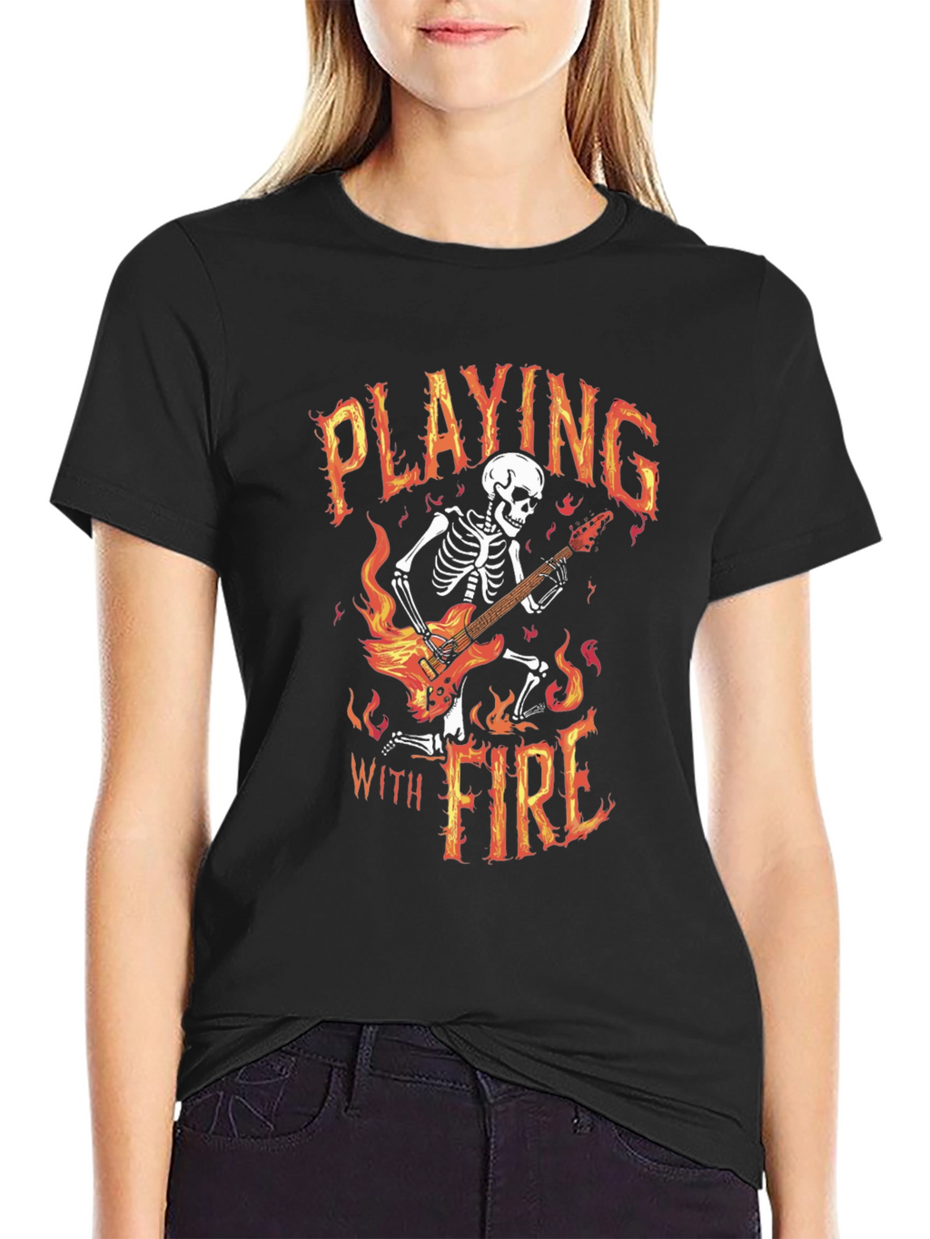 Playing With Fire Skeleton Guitarist Graphic Tee