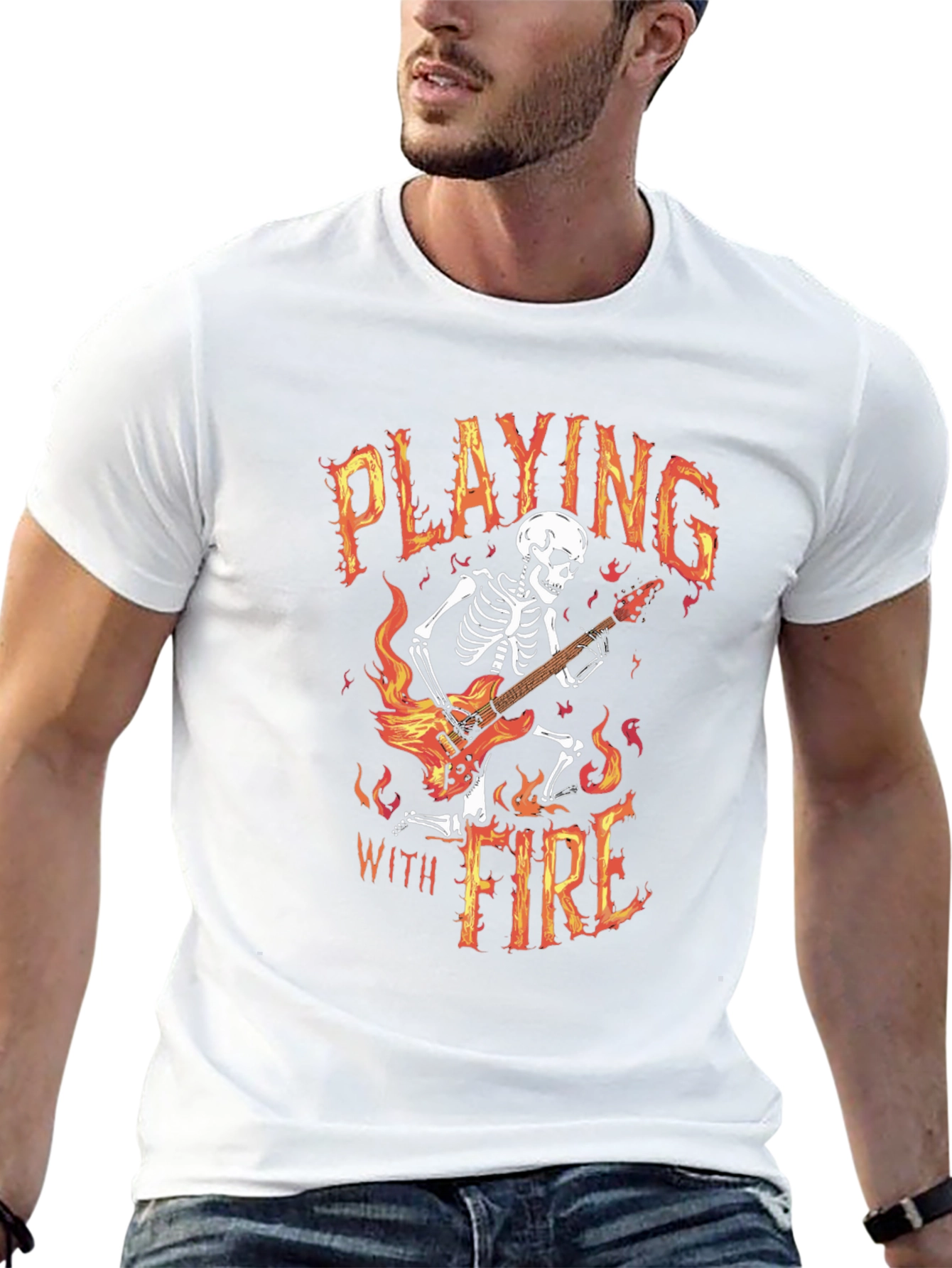 Playing With Fire Skeleton Guitarist Graphic Tee