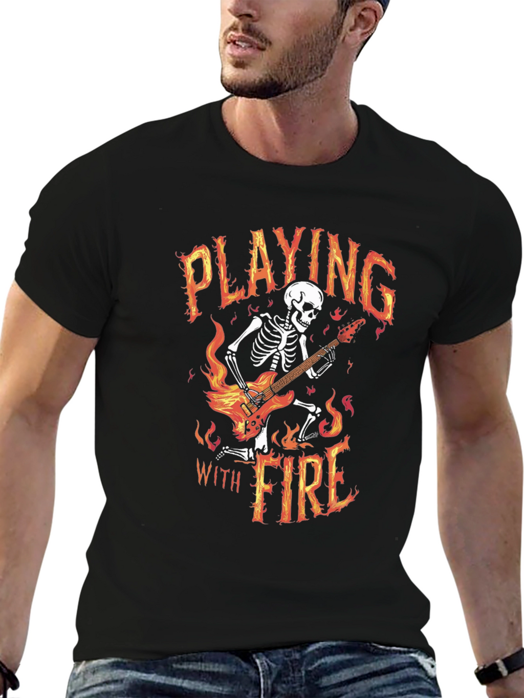 Playing With Fire Skeleton Guitarist Graphic Tee