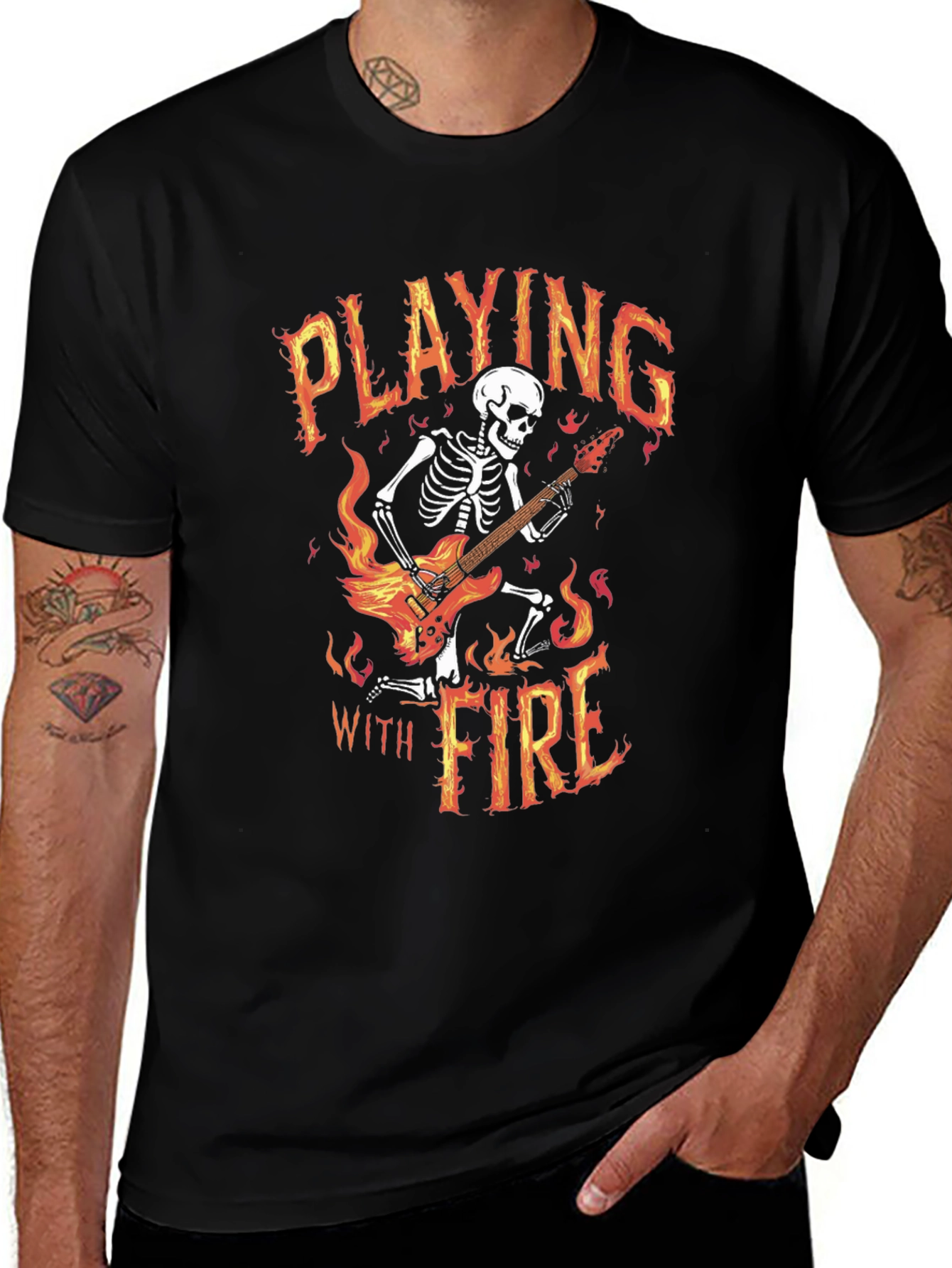 Playing With Fire Skeleton Guitarist Graphic Tee
