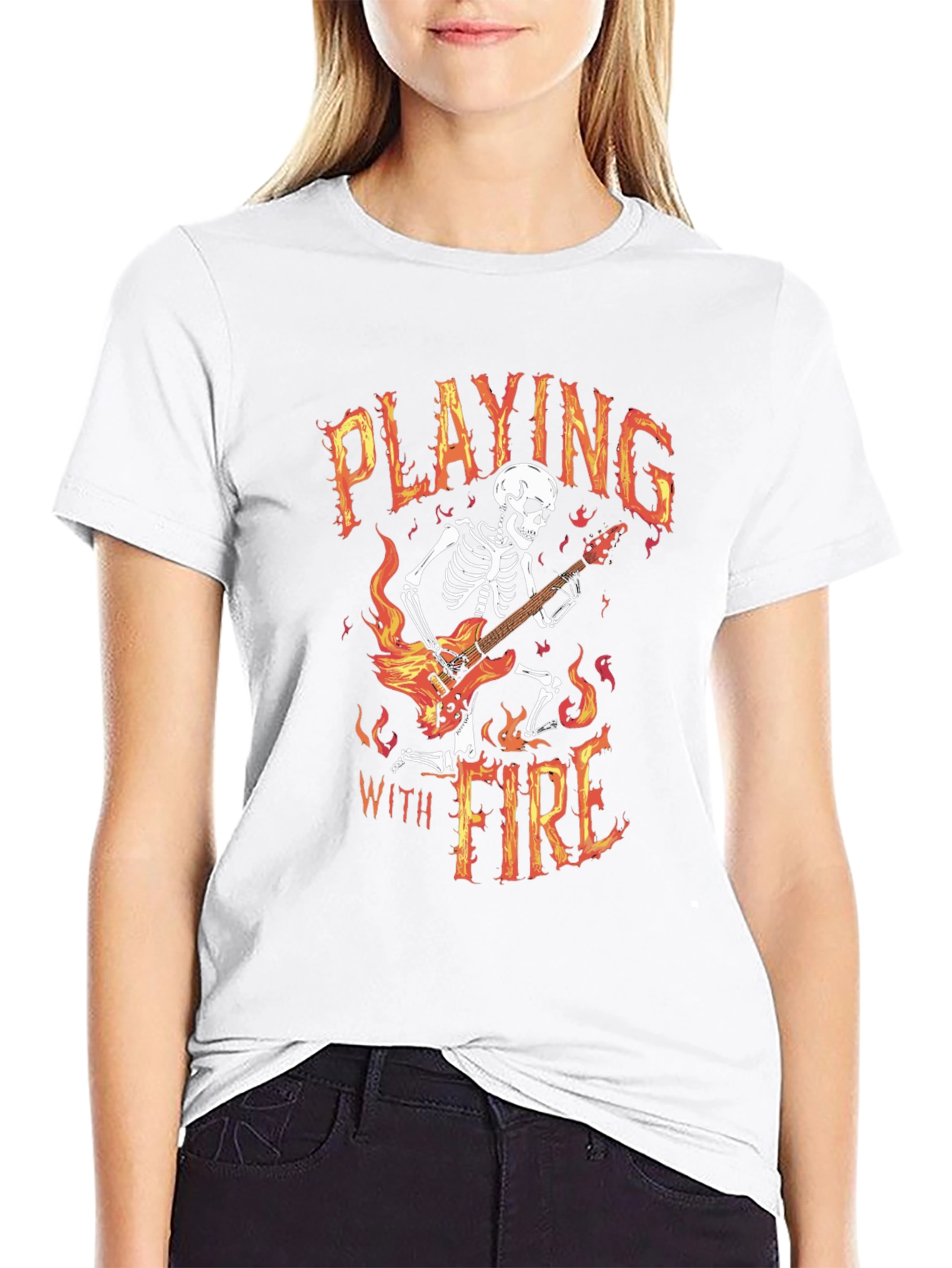 Playing With Fire Skeleton Guitarist Graphic Tee