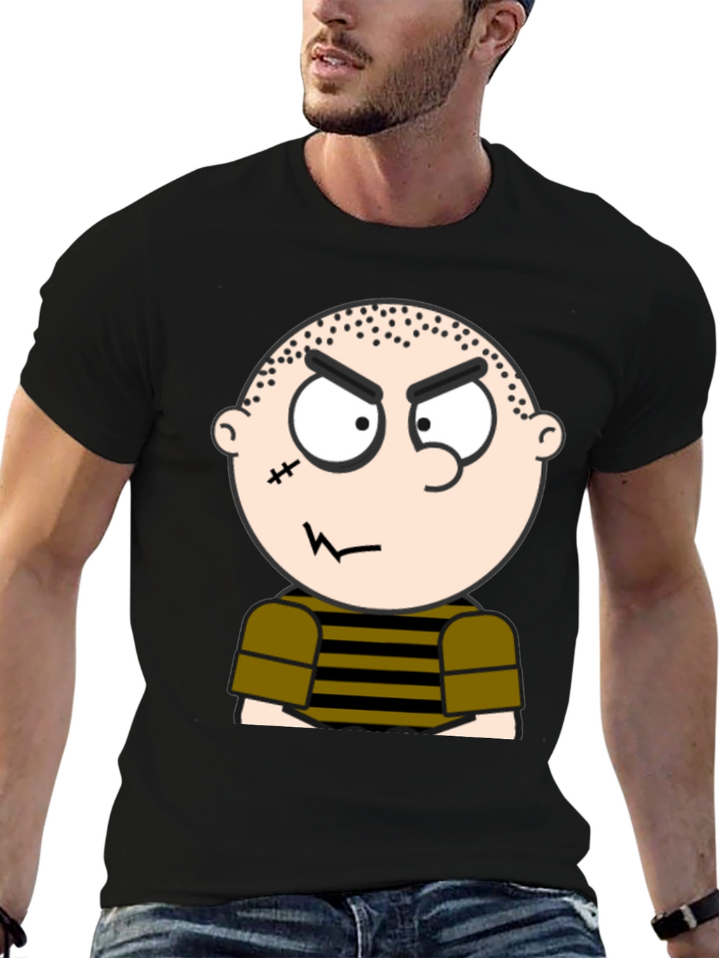 Mens Black T-Shirt with Cartoon Graphic