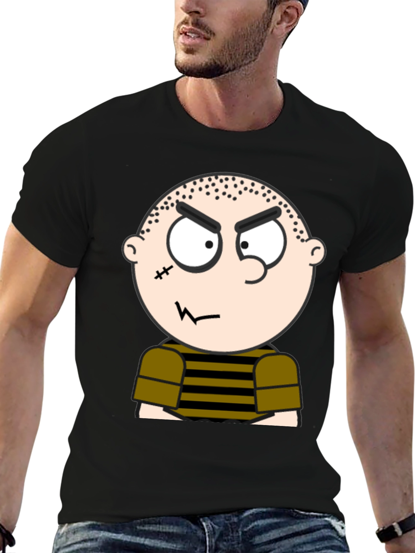 Mens Black T-Shirt with Cartoon Graphic