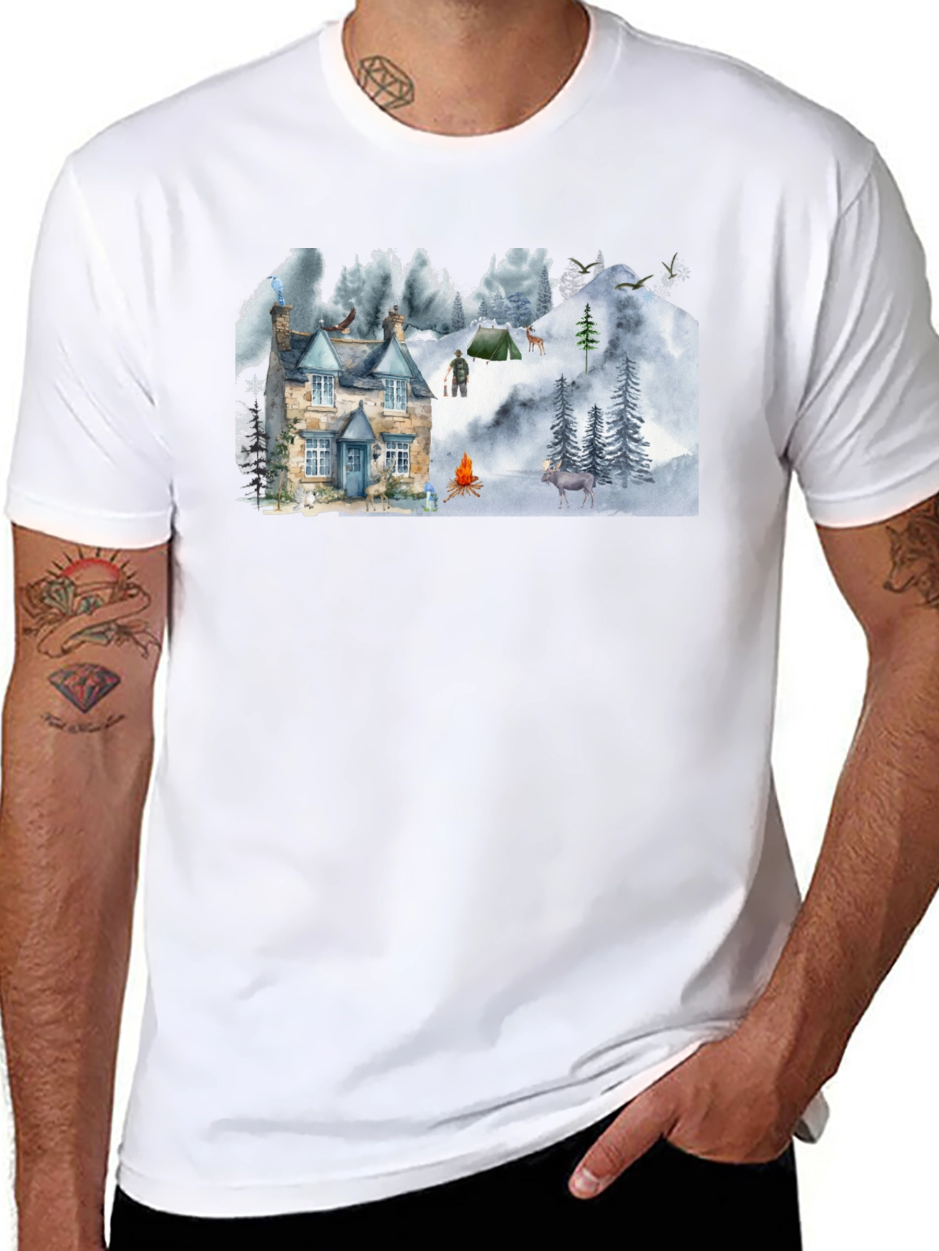 Cozy Cabin Mountain Scene Graphic T-Shirt