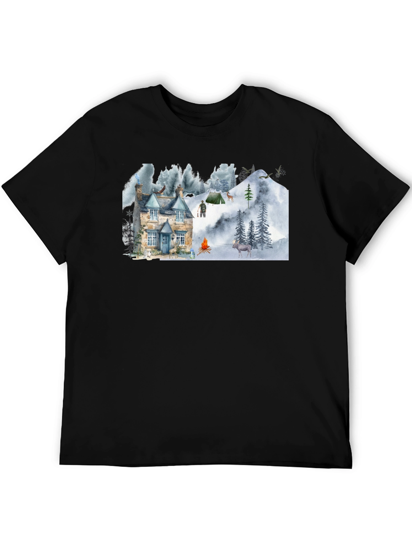 Cozy Cabin Mountain Scene Graphic T-Shirt