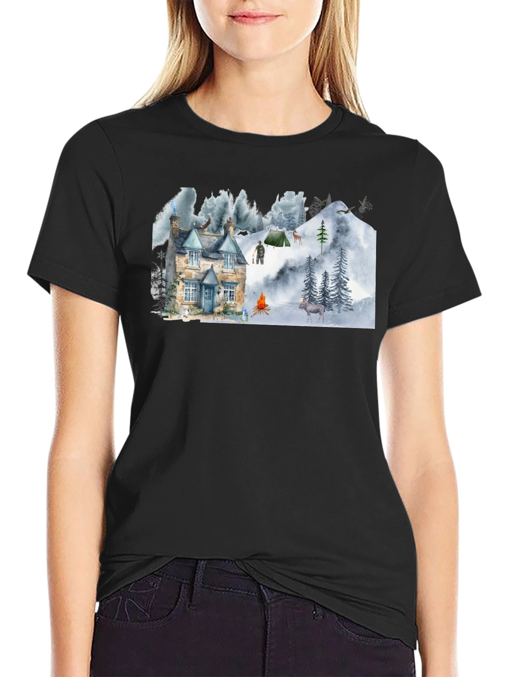 Cozy Cabin Mountain Scene Graphic T-Shirt