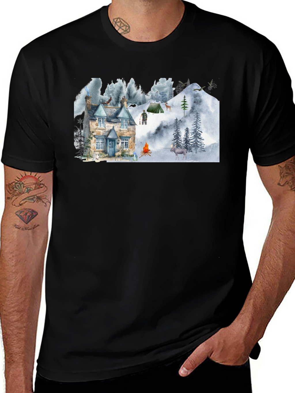 Cozy Cabin Mountain Scene Graphic T-Shirt