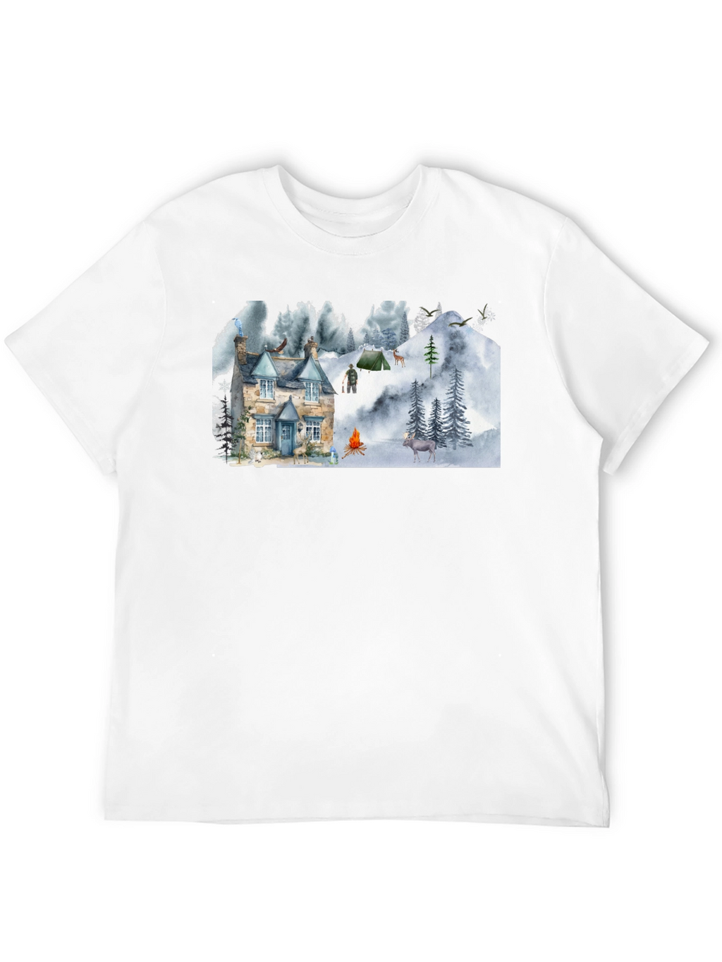 Cozy Cabin Mountain Scene Graphic T-Shirt