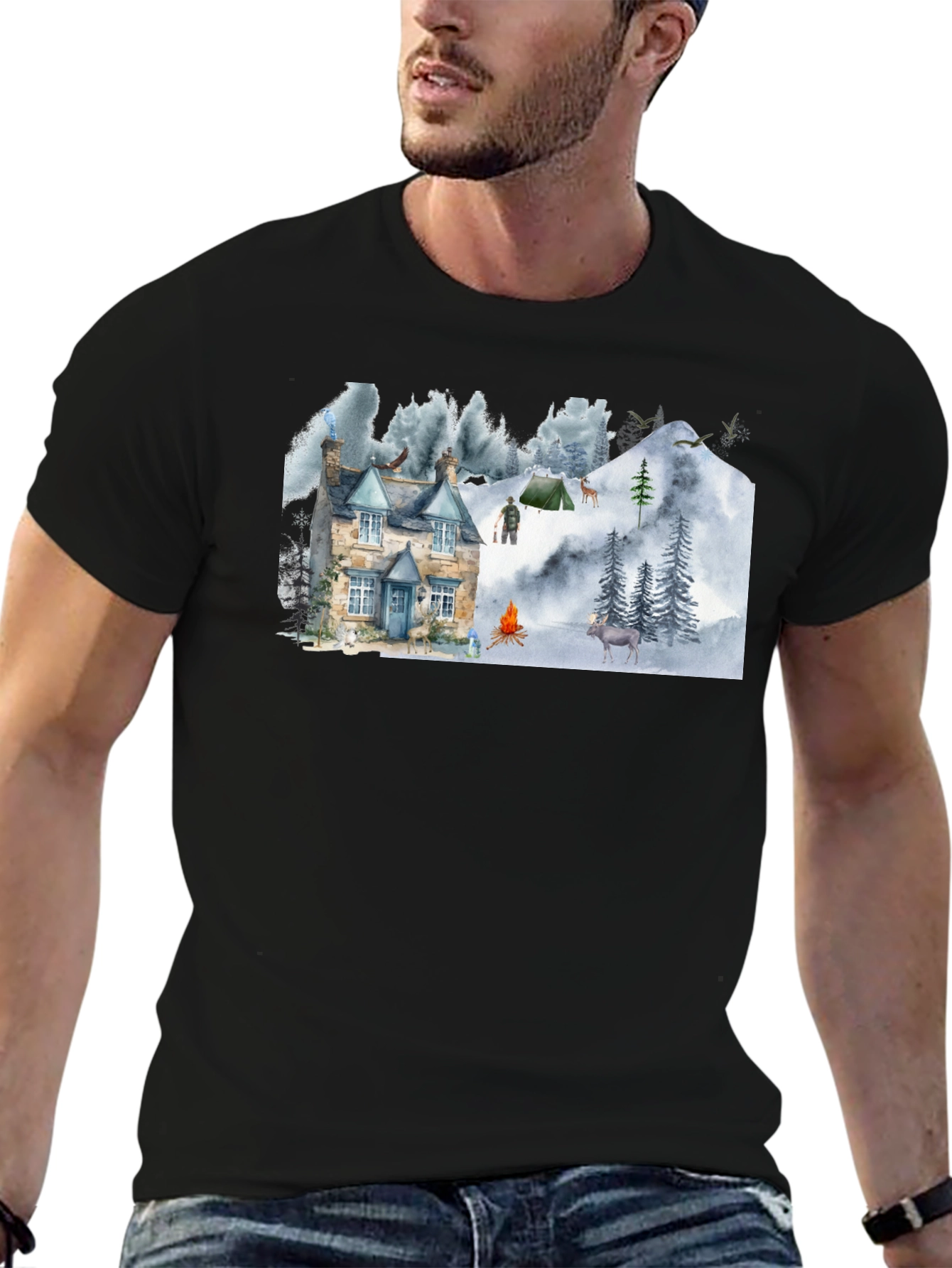 Cozy Cabin Mountain Scene Graphic T-Shirt