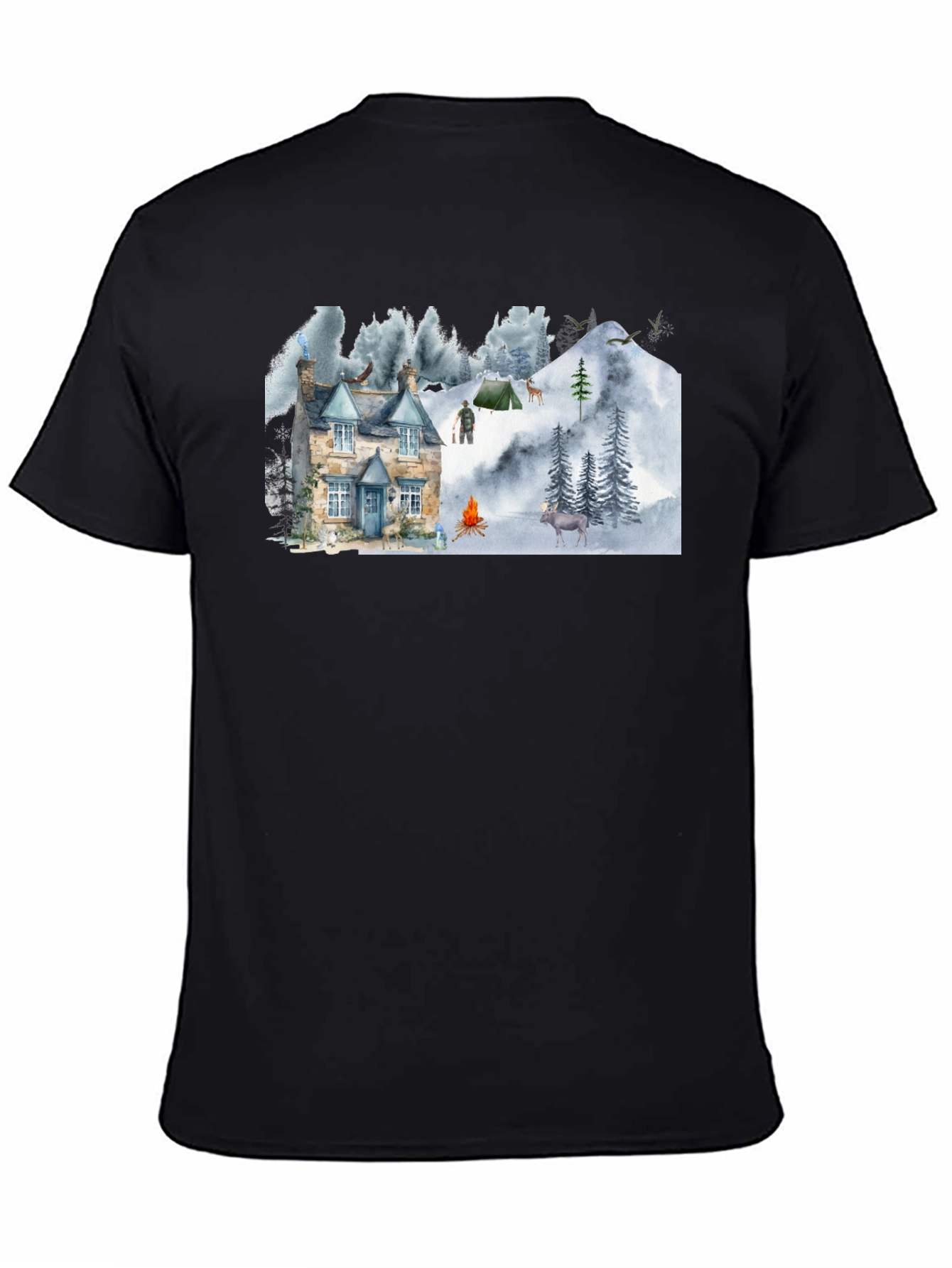 Cozy Cabin Mountain Scene Graphic T-Shirt
