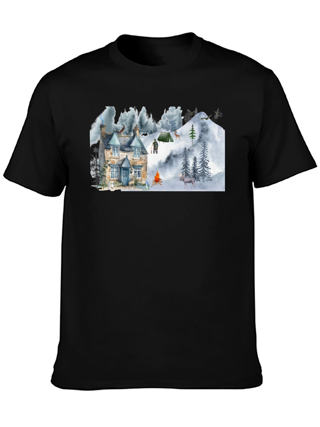 Cozy Cabin Mountain Scene Graphic T-Shirt