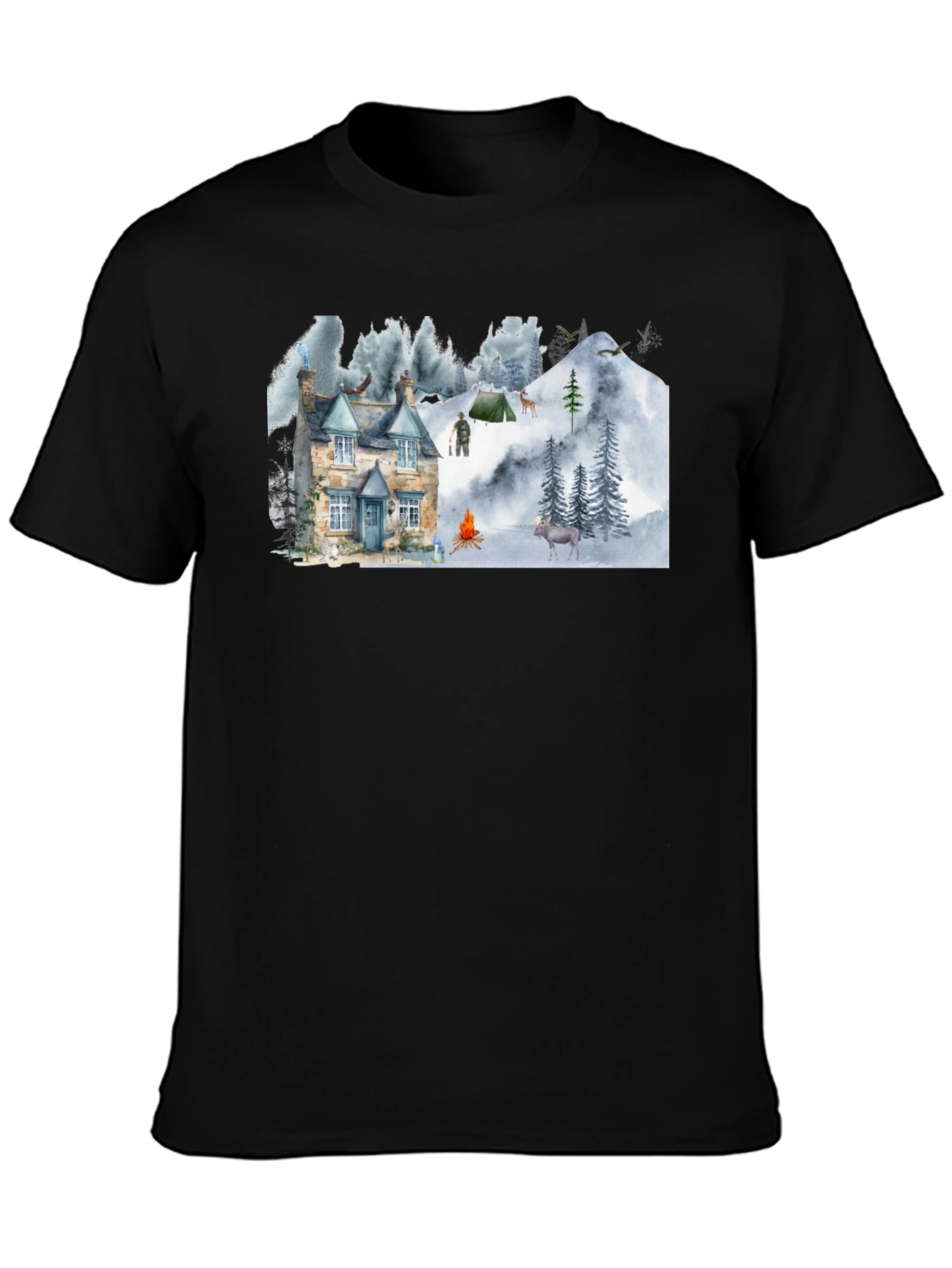 Cozy Cabin Mountain Scene Graphic T-Shirt