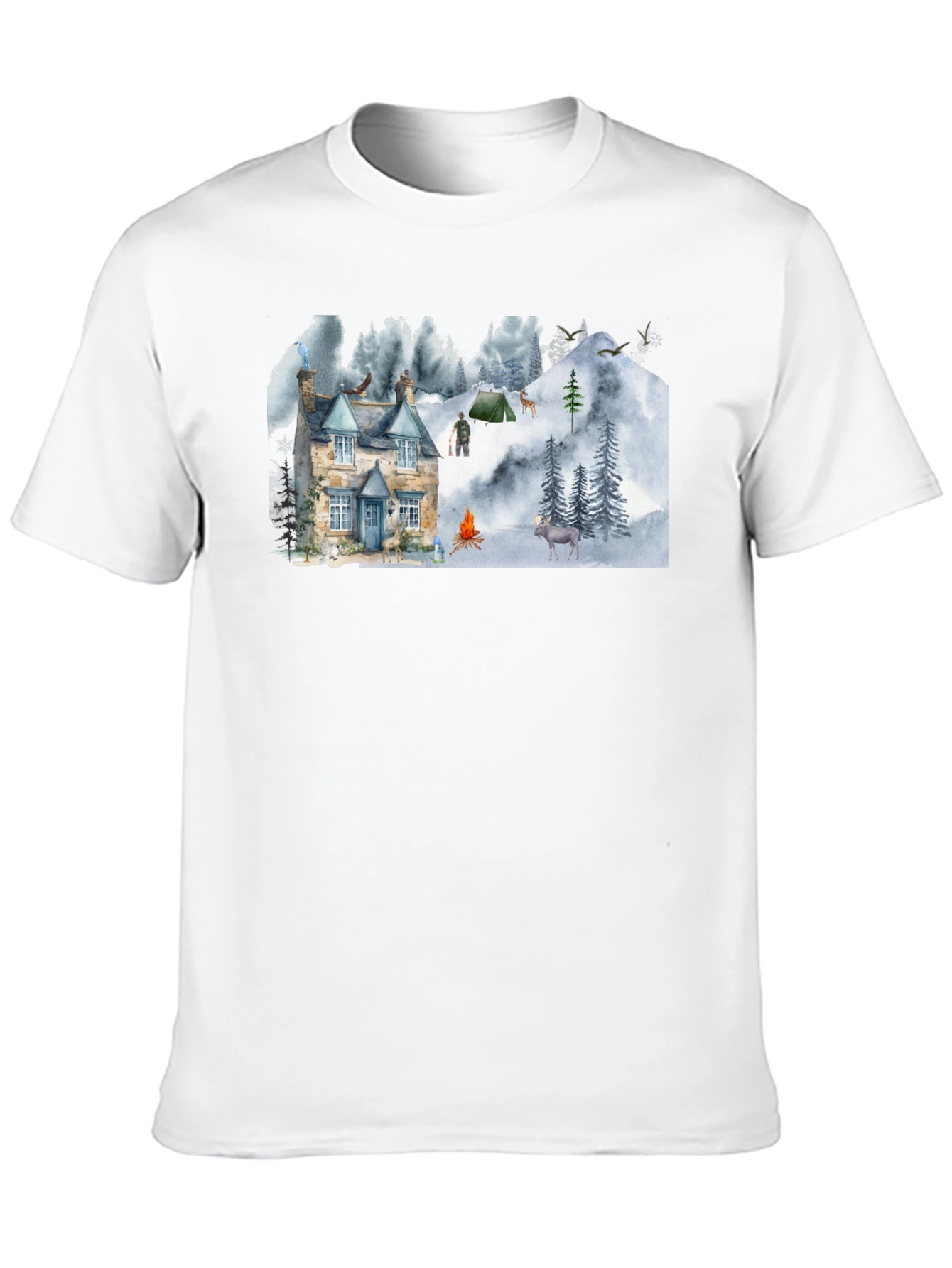 Cozy Cabin Mountain Scene Graphic T-Shirt