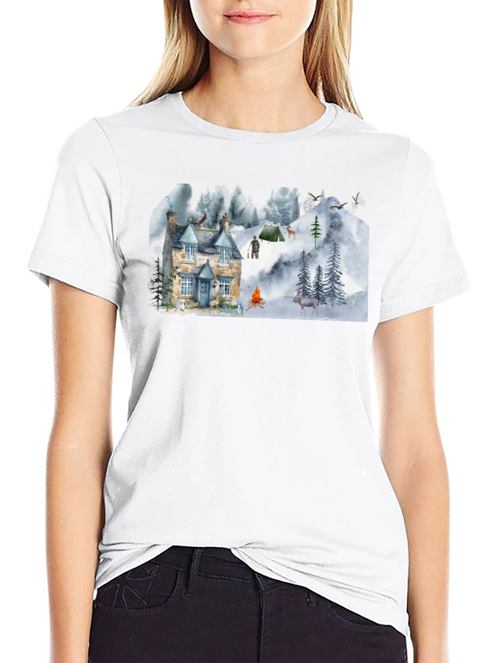 Cozy Cabin Mountain Scene Graphic T-Shirt