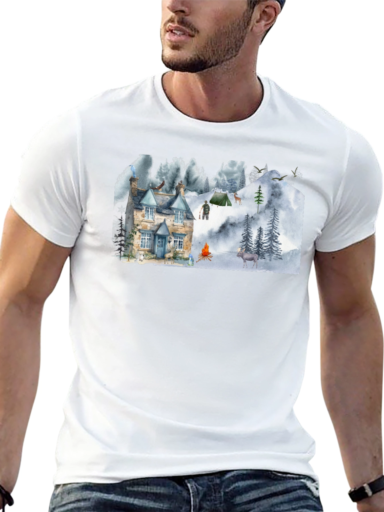 Cozy Cabin Mountain Scene Graphic T-Shirt