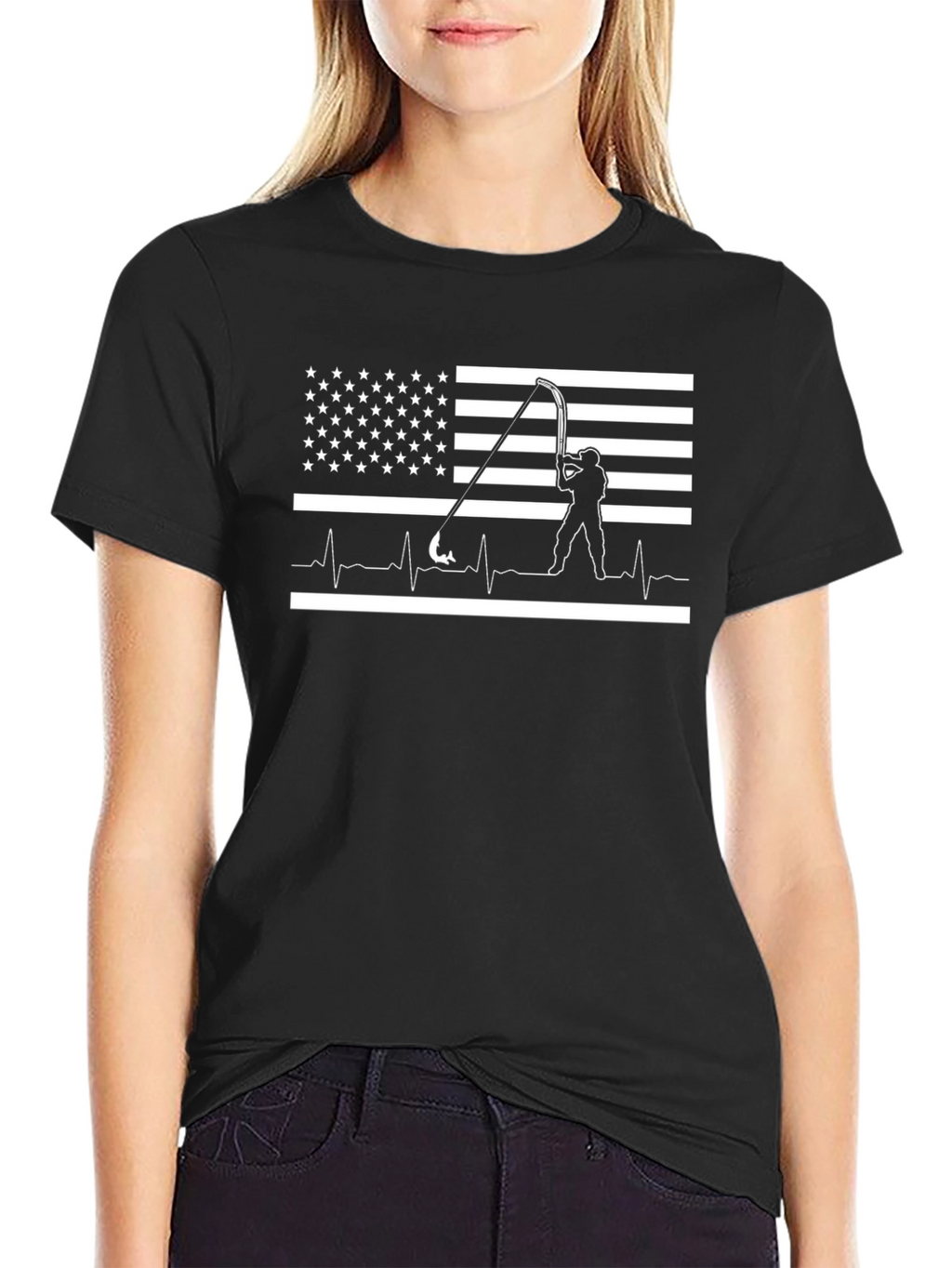 Fishing American Flag Heartbeat T-Shirt