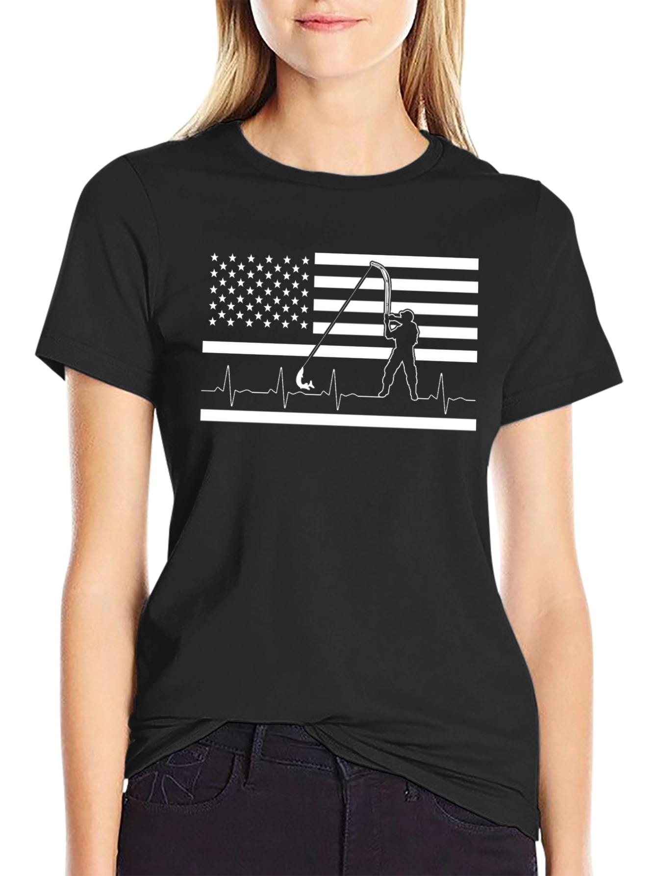 Fishing American Flag Heartbeat T-Shirt