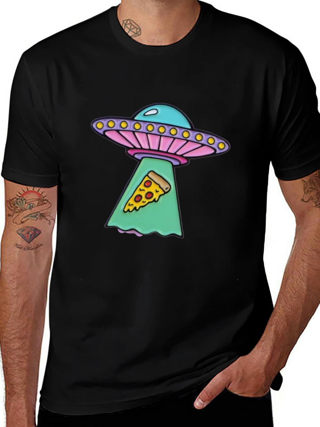 UFO Abduction Pizza Slice Graphic Tee - Black