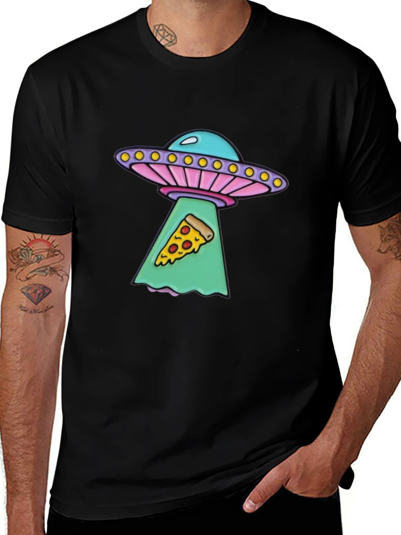 UFO Abduction Pizza Slice Graphic Tee - Black