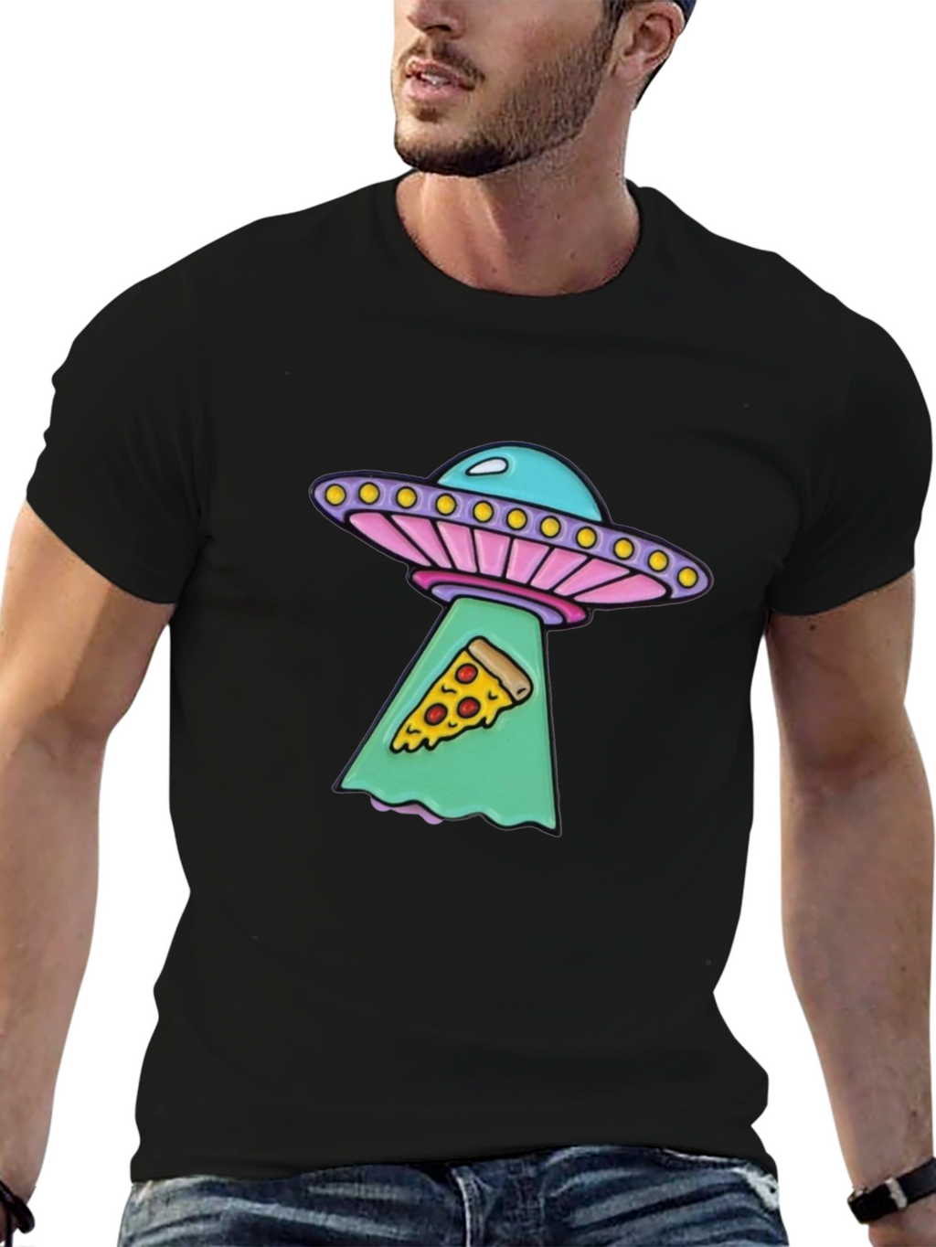 UFO Abduction Pizza Slice Graphic Tee - Black