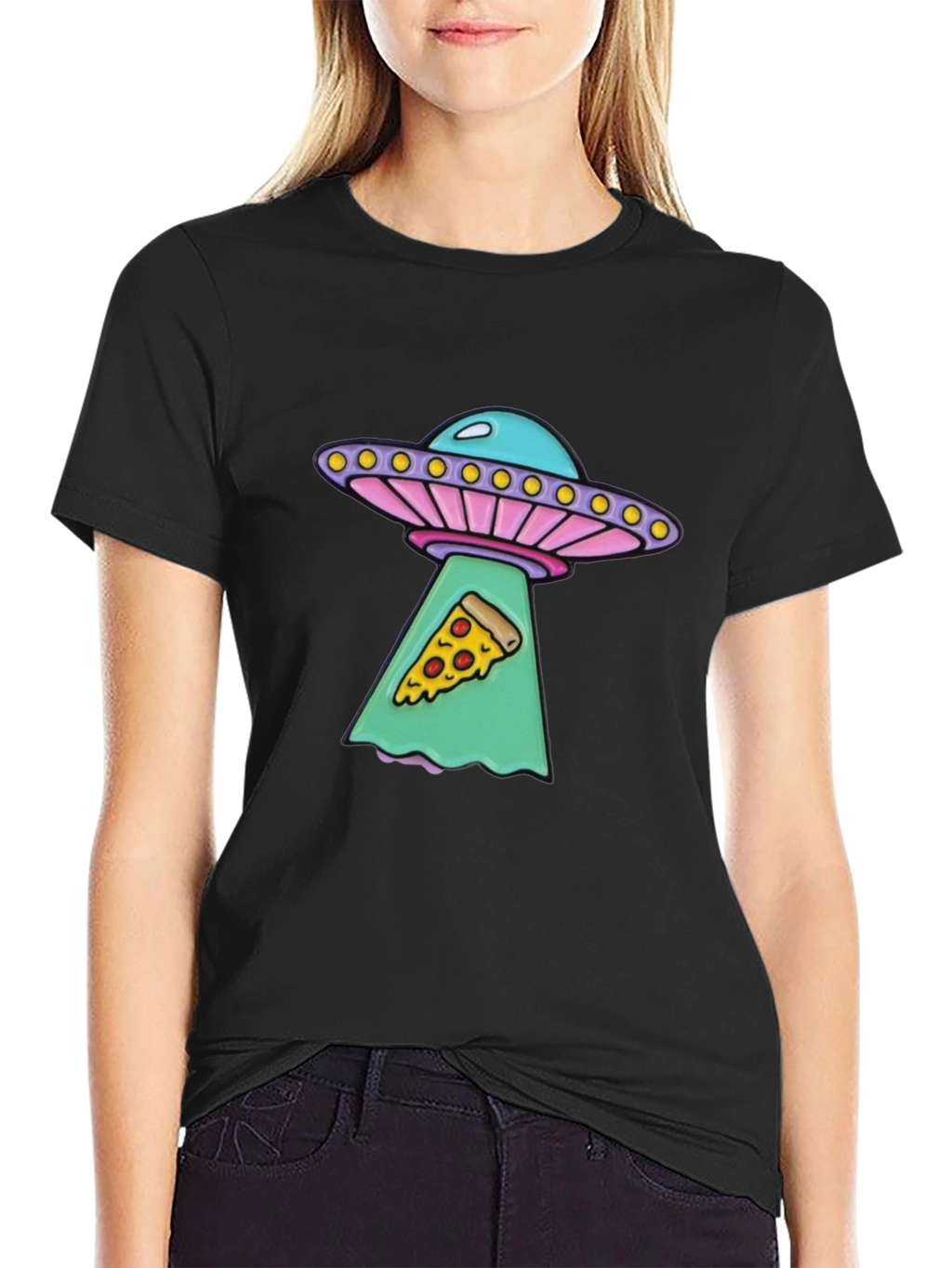 UFO Abduction Pizza Slice Graphic Tee - Black