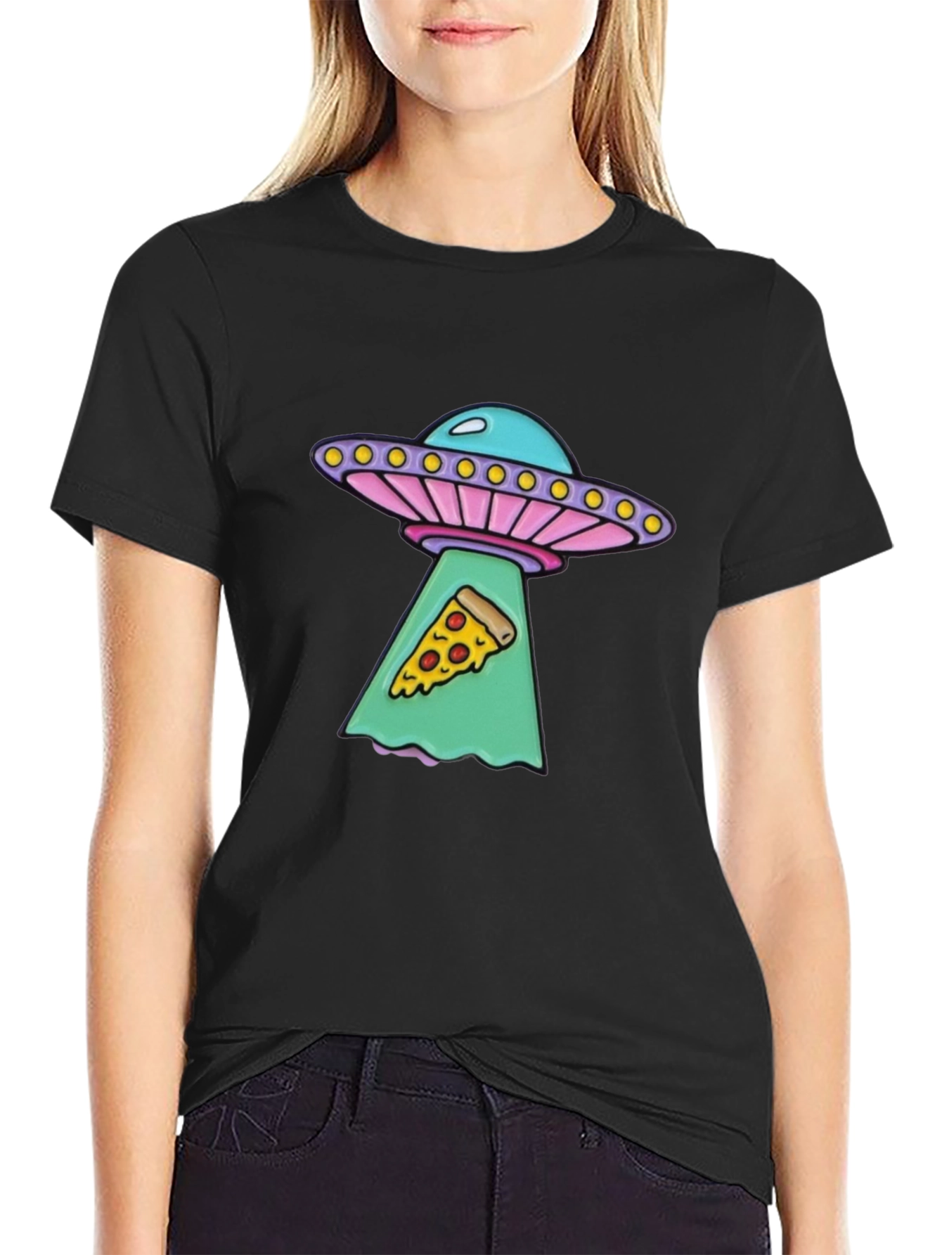 UFO Abduction Pizza Slice Graphic Tee - Black