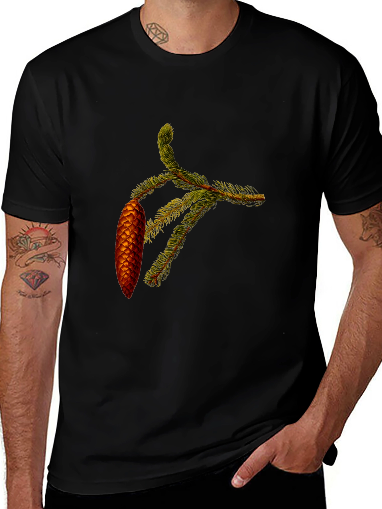 Natures Touch Black Cotton Tee - Pine Cone Branch Print