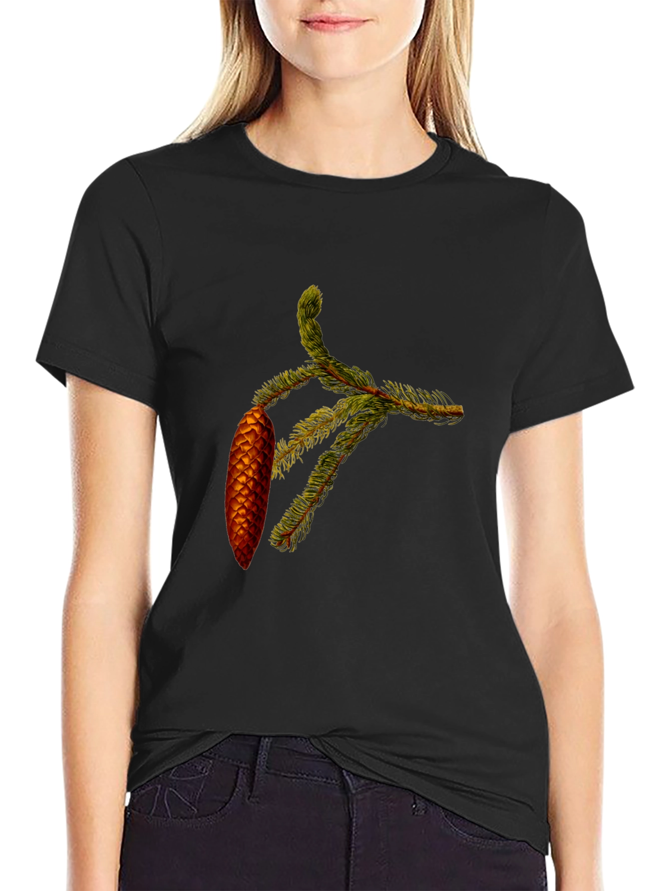 Natures Touch Black Cotton Tee - Pine Cone Branch Print