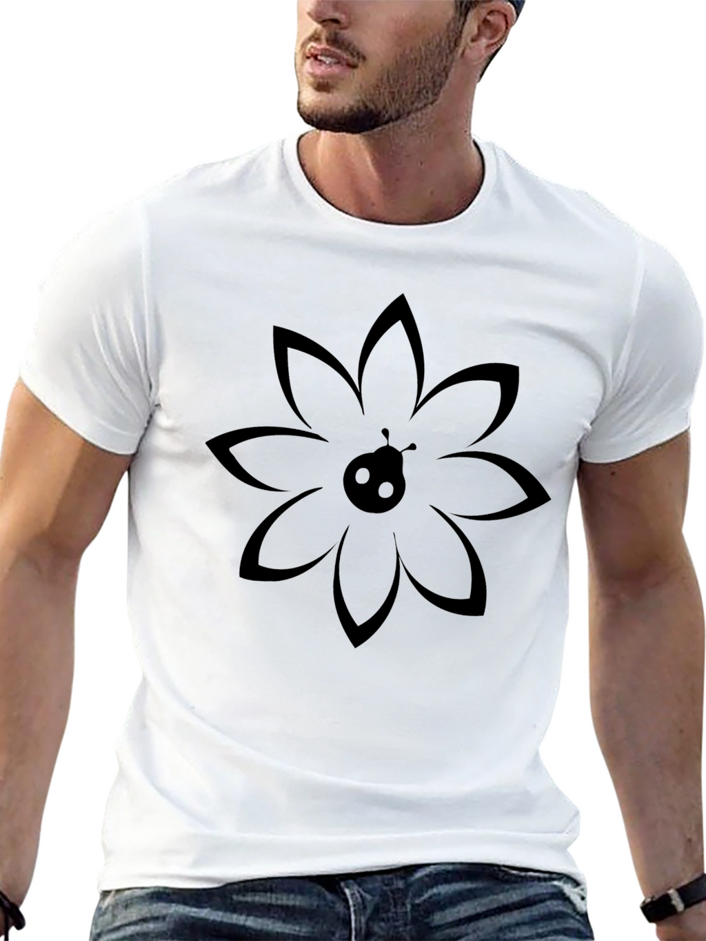 Ladybug Floral Graphic Print Black T-Shirt