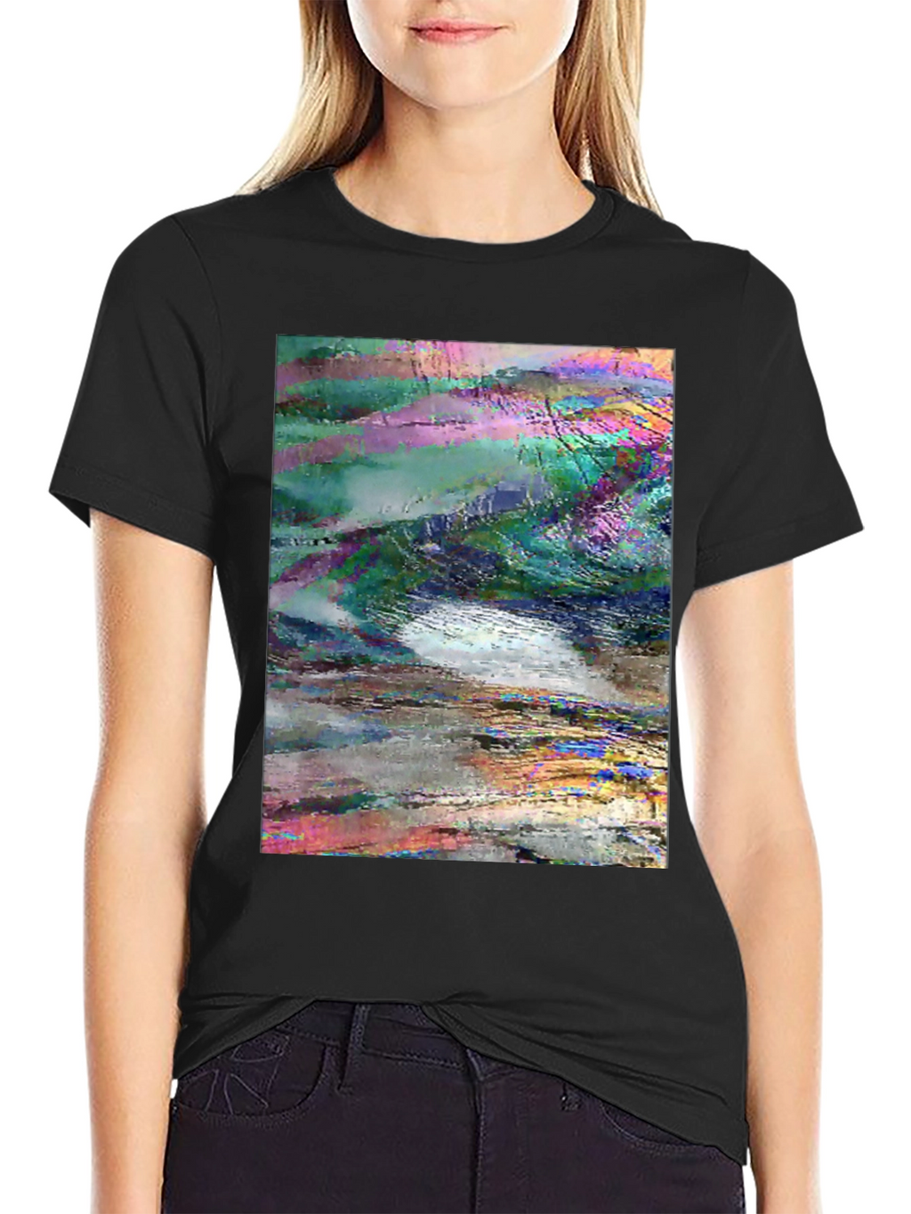 Abstract Glitch Art Graphic Tee - Black