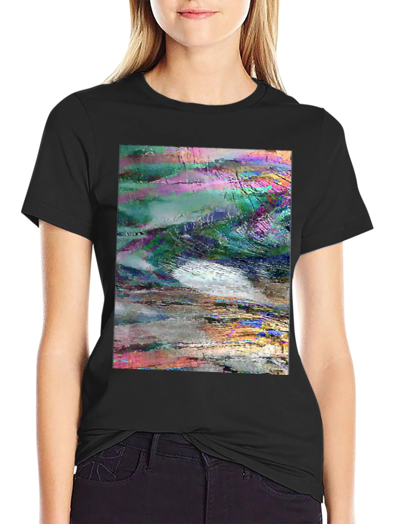 Abstract Glitch Art Graphic Tee - Black