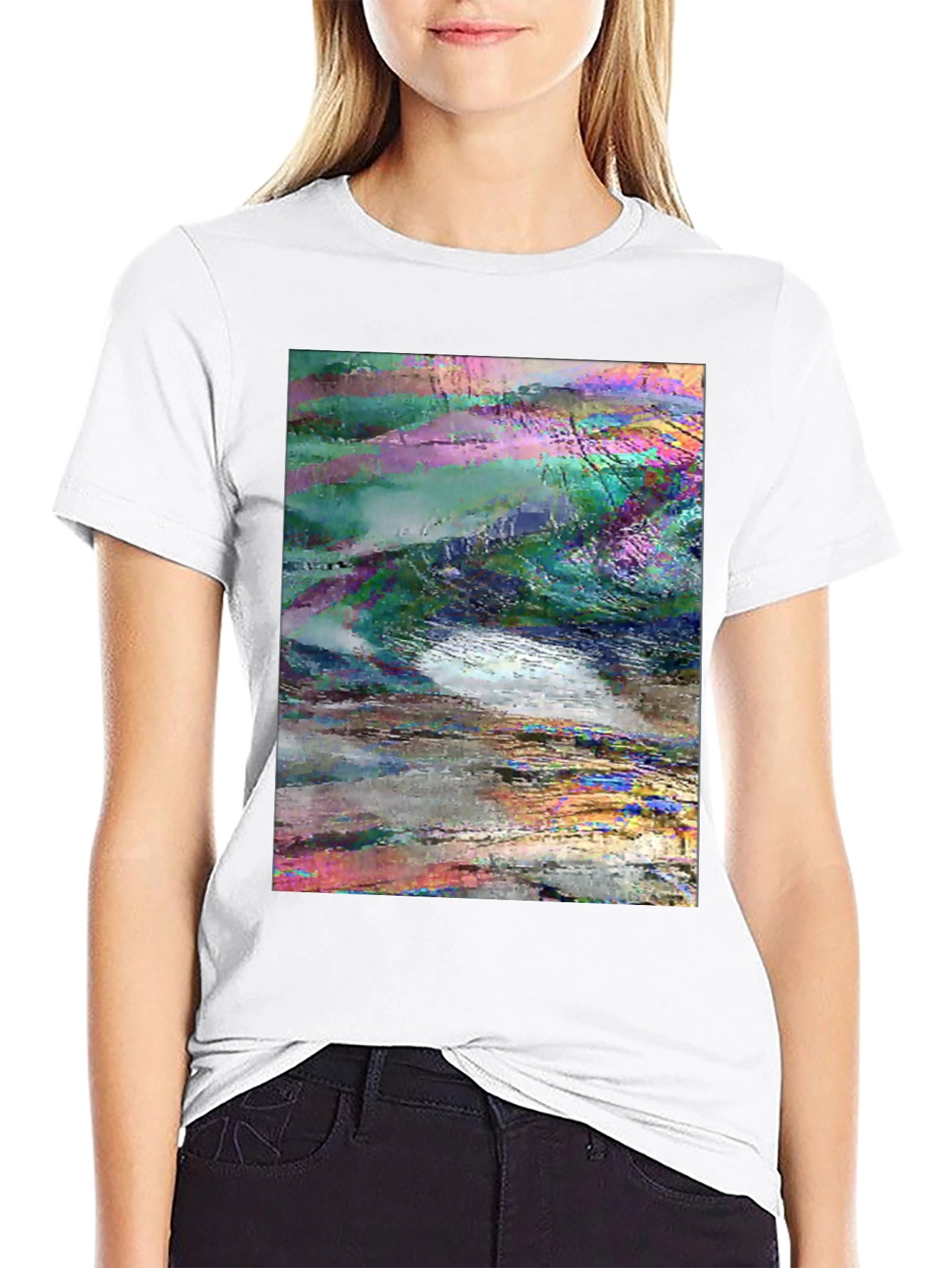 Abstract Glitch Art Graphic Tee - Black