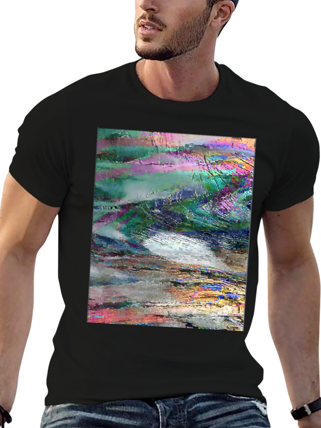 Abstract Glitch Art Graphic Tee - Black
