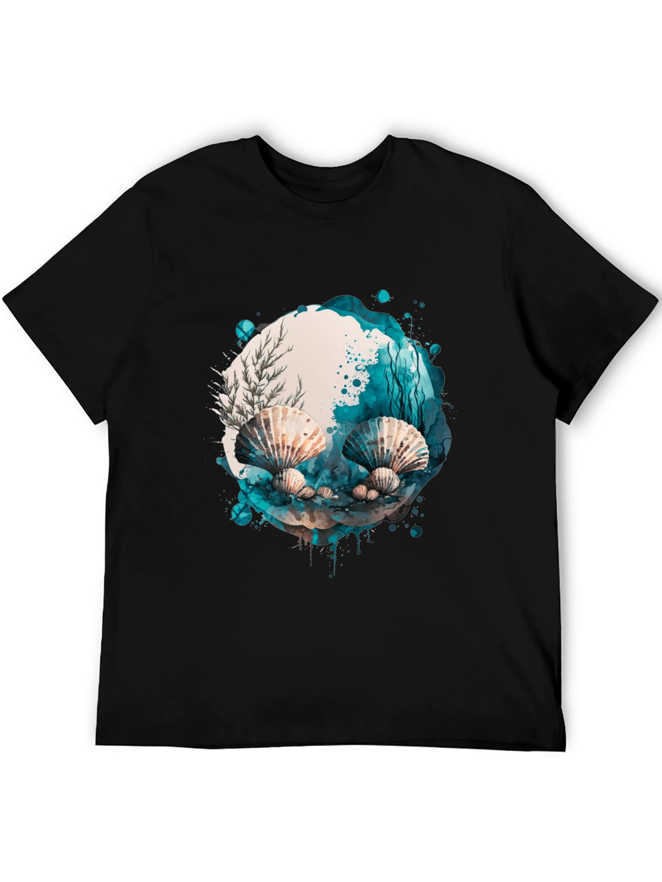 Seashells Watercolor Graphic Black Tee