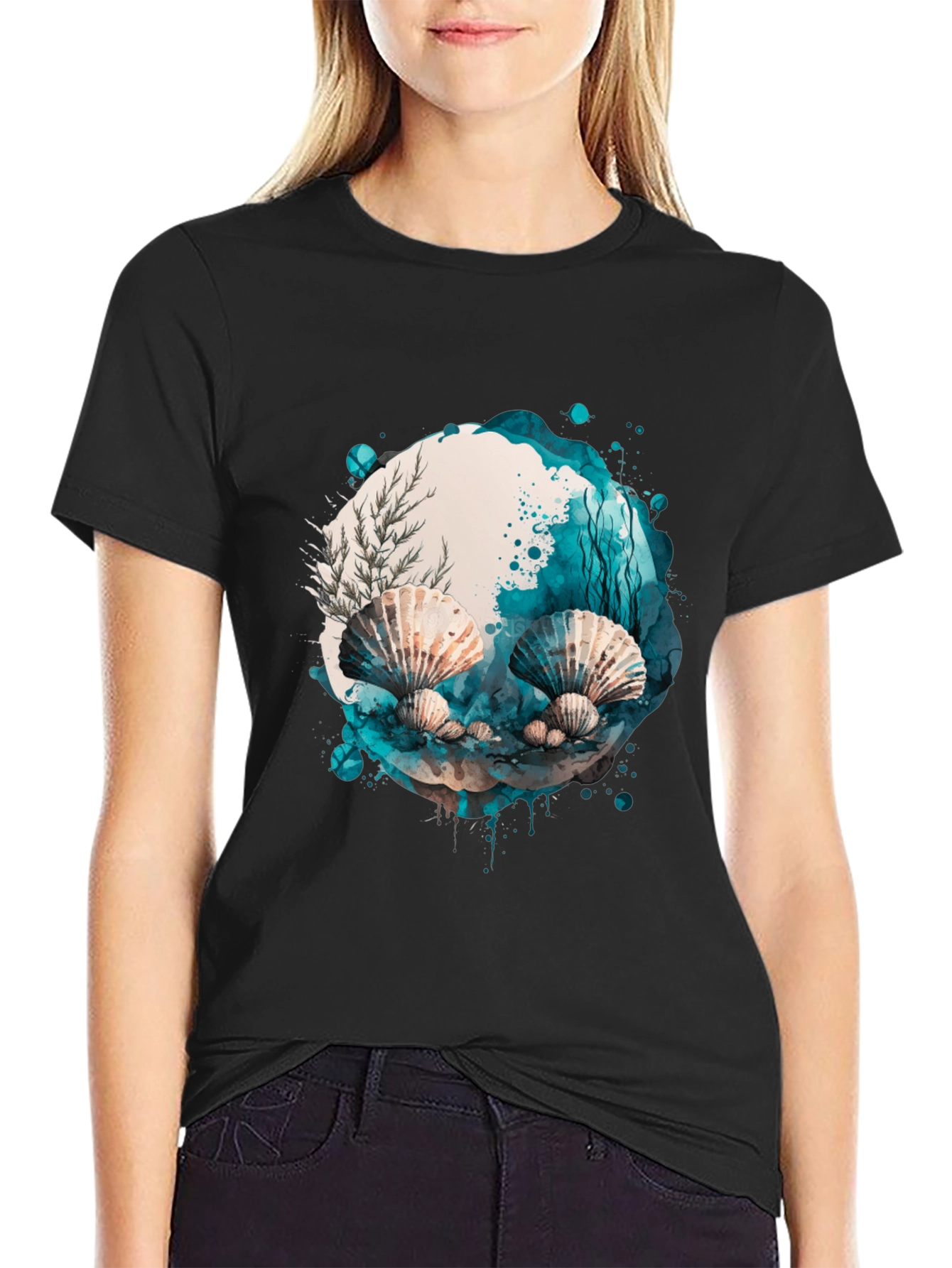 Seashells Watercolor Graphic Black Tee