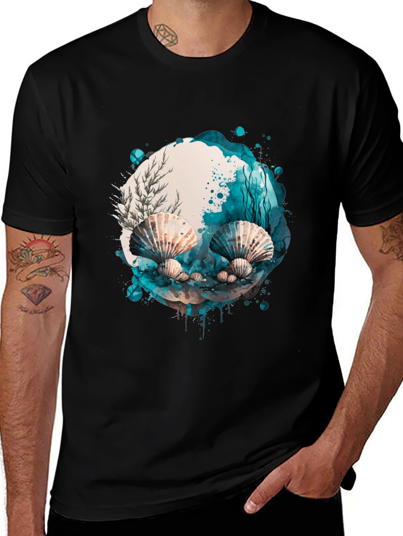 Seashells Watercolor Graphic Black Tee