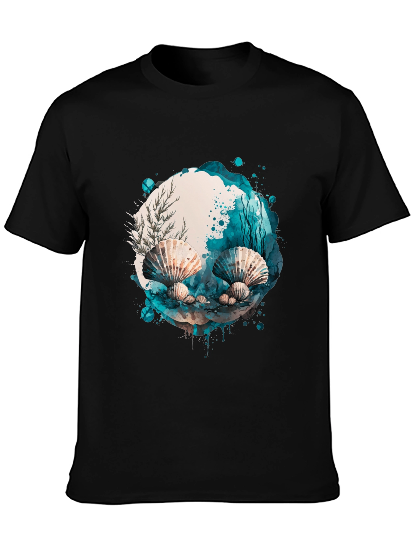 Seashells Watercolor Graphic Black Tee