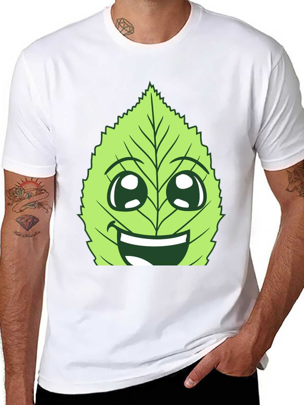 Funny Leaf Face Graphic T-Shirt - Black Cotton Tee