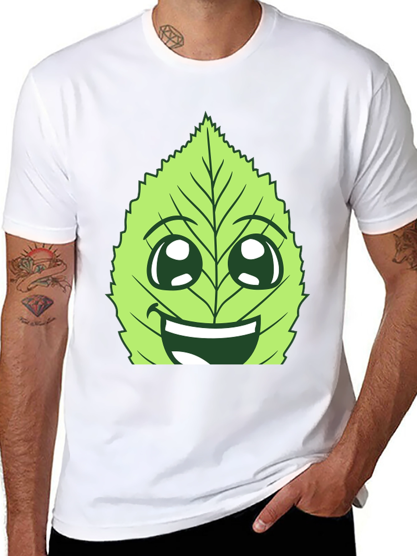 Funny Leaf Face Graphic T-Shirt - Black Cotton Tee