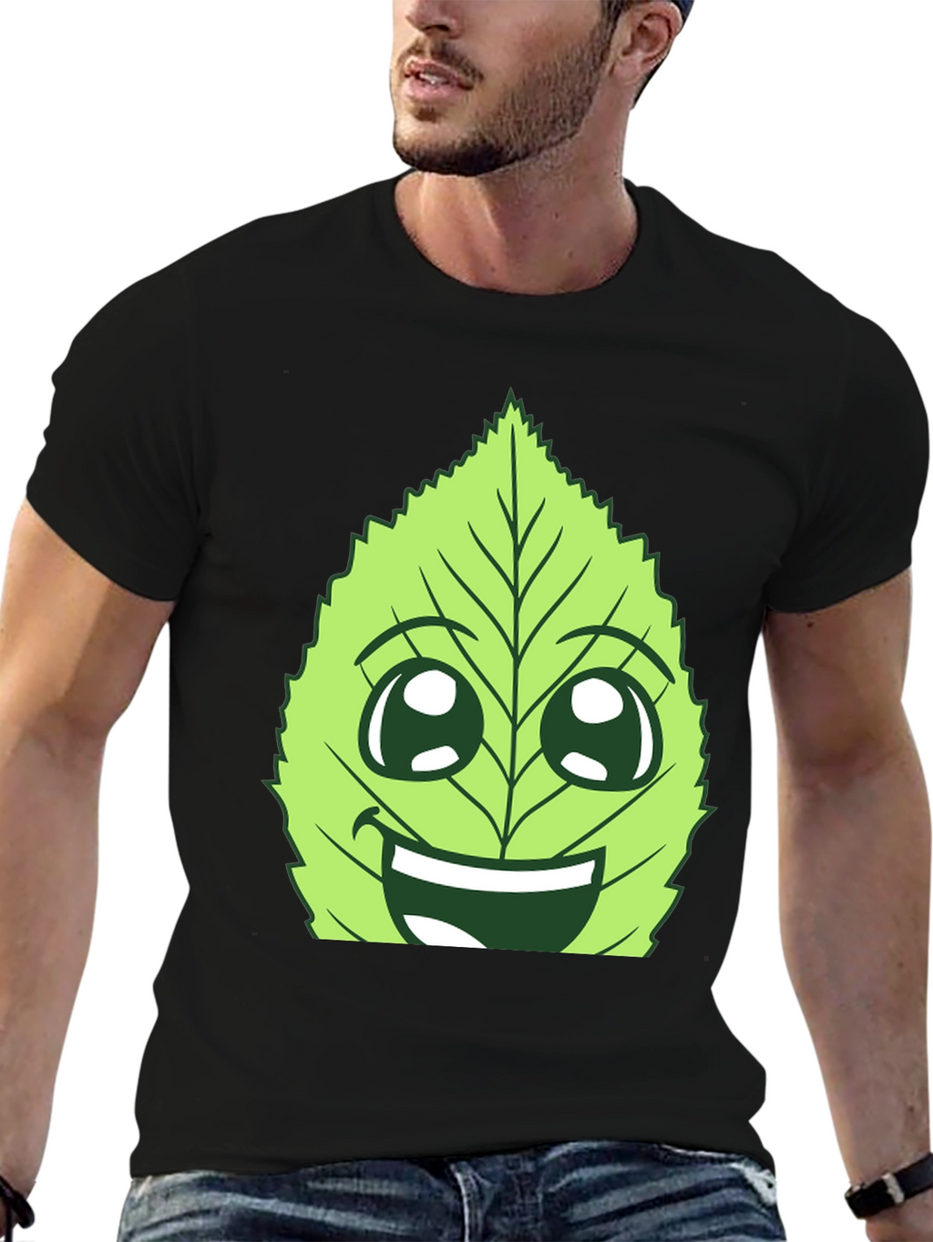Funny Leaf Face Graphic T-Shirt - Black Cotton Tee