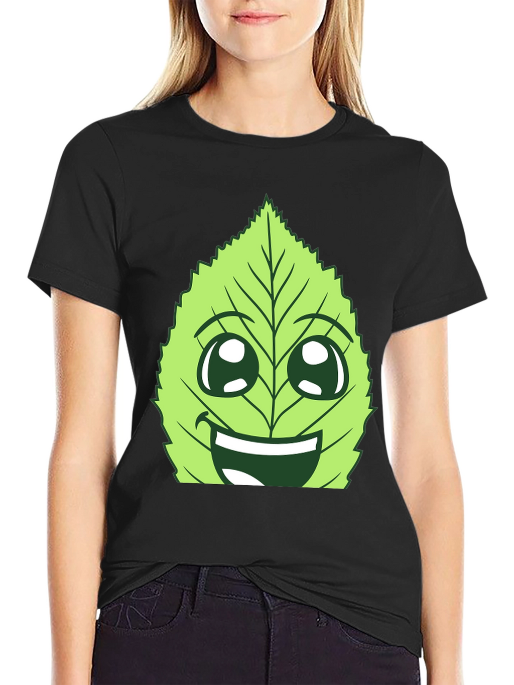 Funny Leaf Face Graphic T-Shirt - Black Cotton Tee