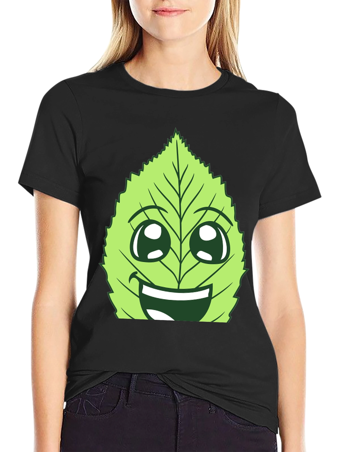 Funny Leaf Face Graphic T-Shirt - Black Cotton Tee