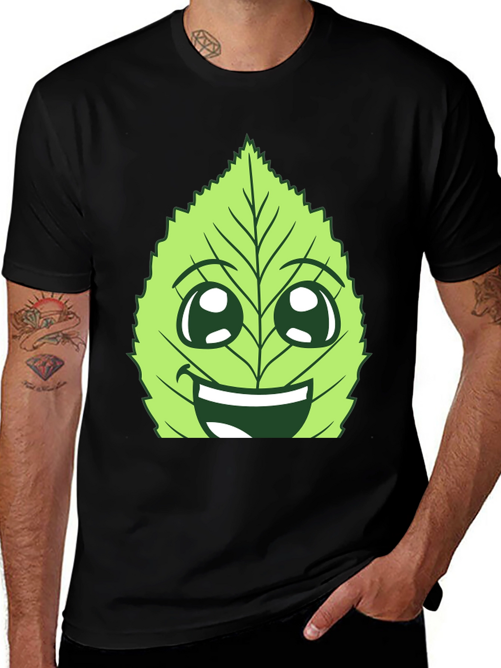 Funny Leaf Face Graphic T-Shirt - Black Cotton Tee