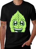 Funny Leaf Face Graphic T-Shirt - Black Cotton Tee